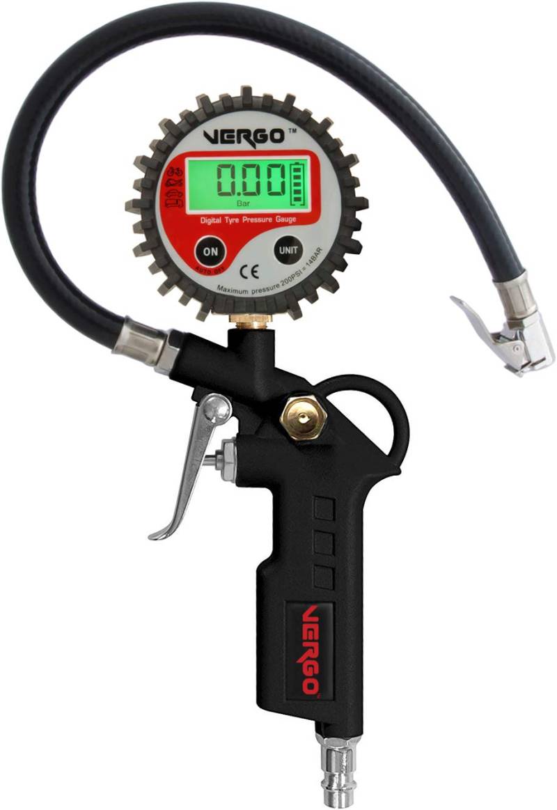 VERGO Digital Reifenfüller - Druckmesser - 14 Bar/ 200 PSI - 3 in 1 Multifunktionsgerät - Hinterleuchtet LCD - 4 Einheiten - Flexibler Schlauch - PKW, LKW, SUV, Motorrad, Fahrrad (mit Autoventilen) von Vergo