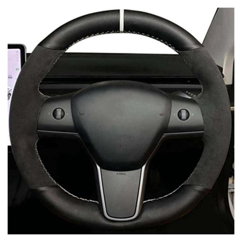 Auto Lenkradbezug Für Tesla Für Modell 3 2015-2021 Für Modell Y 2019-2021 DIY Auto Lenkrad Abdeckung Wrap rutschfeste Echtes Leder Wildleder Leder Geflecht Auto Lenkradhüllen(Style e) von VETJMUA