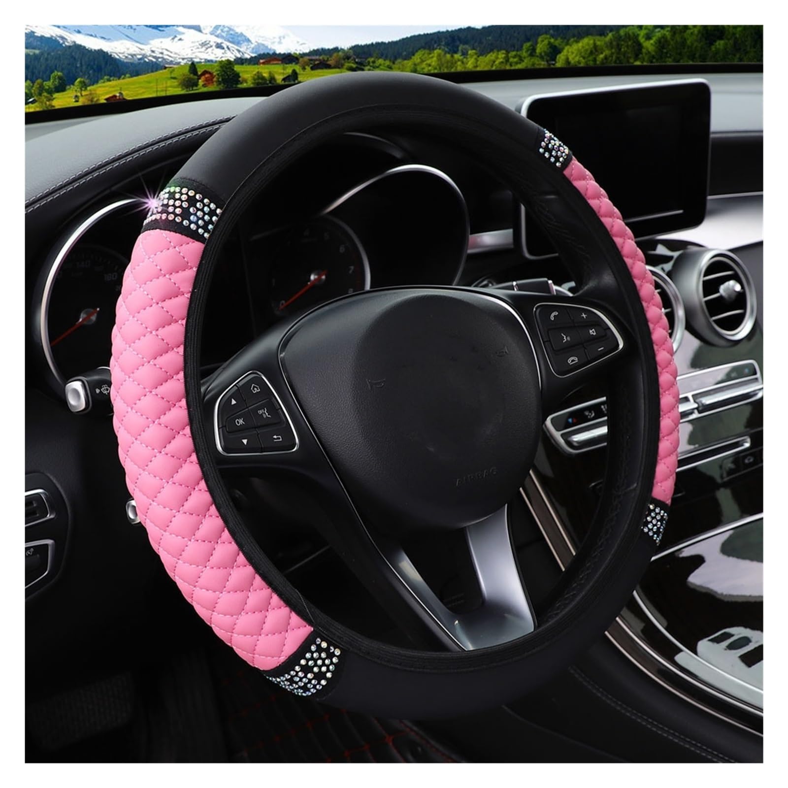 Auto Lenkradbezug Universal Four Seasons Auto-Lenkradbezug, 37–38 cm, Leder-Stickerei, bunt, elastisch, Lenkradbezug Auto Lenkradhüllen(Pink) von VETJMUA