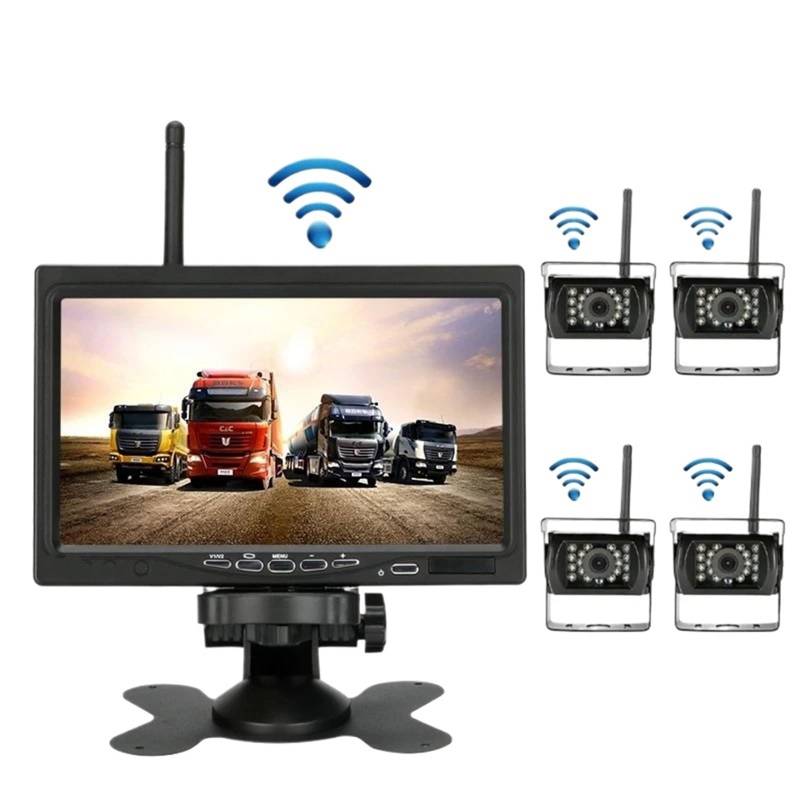 Rückfahrkamera 7 Inch Drahtlose LKW Kamera Für LKW Bus RV Anhänger Bagger Auto Monitor Reverse Bild Rückansicht Auto Kamera 12V-24V Rückfahrkamera Auto(with 4 Camera) von VETJMUA