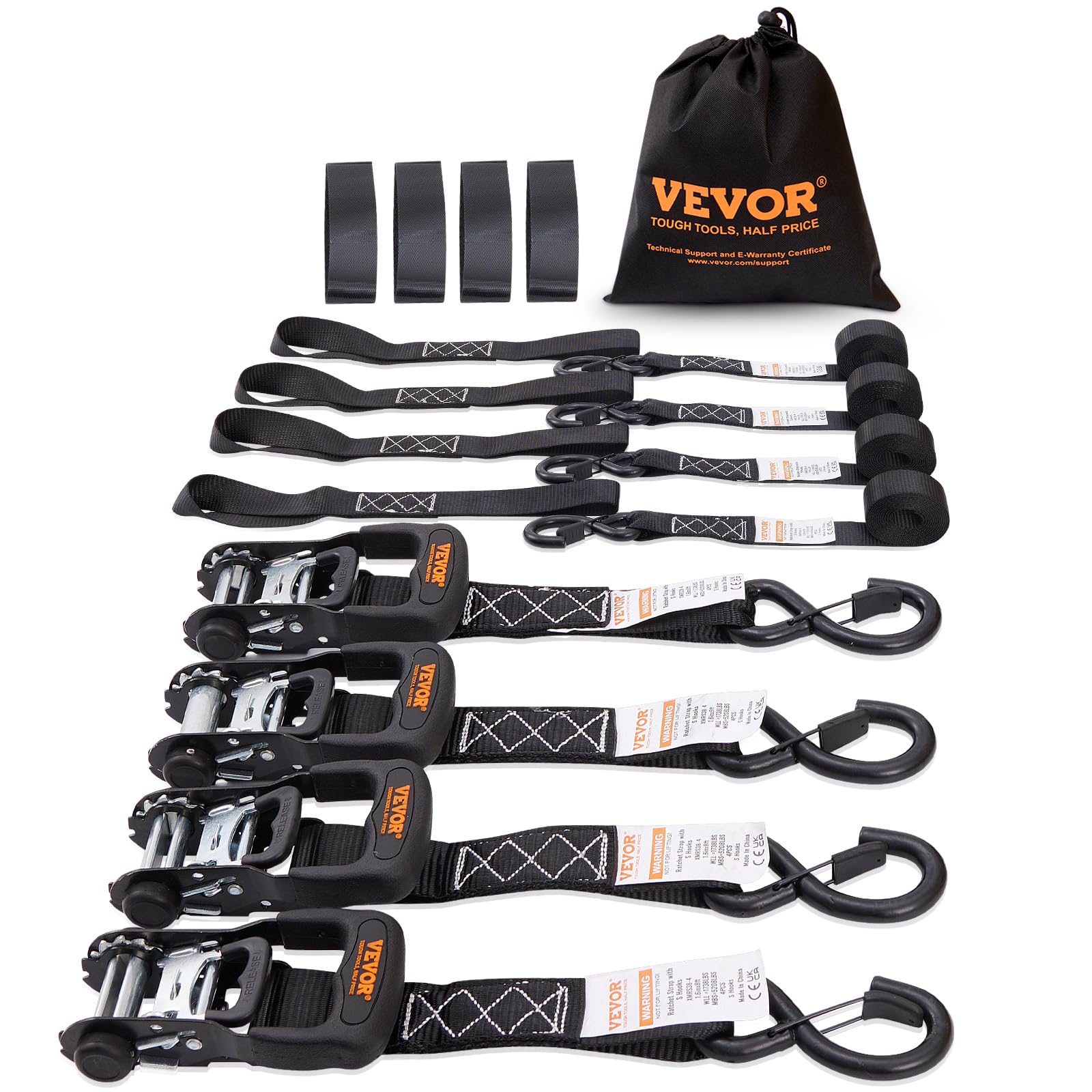 VEVOR 4er-Set Spanngurt 0,04 x 2,4 m Zurrgurt 2362 kg Ratschenzurrgurt Polyester-Gurt und Kohlenstoffstahl-Haken Befestigungsgurt Ratschenspanngurt Ideal für Motorräder Fahrräder Kajaks UTV Boote ATV von VEVOR