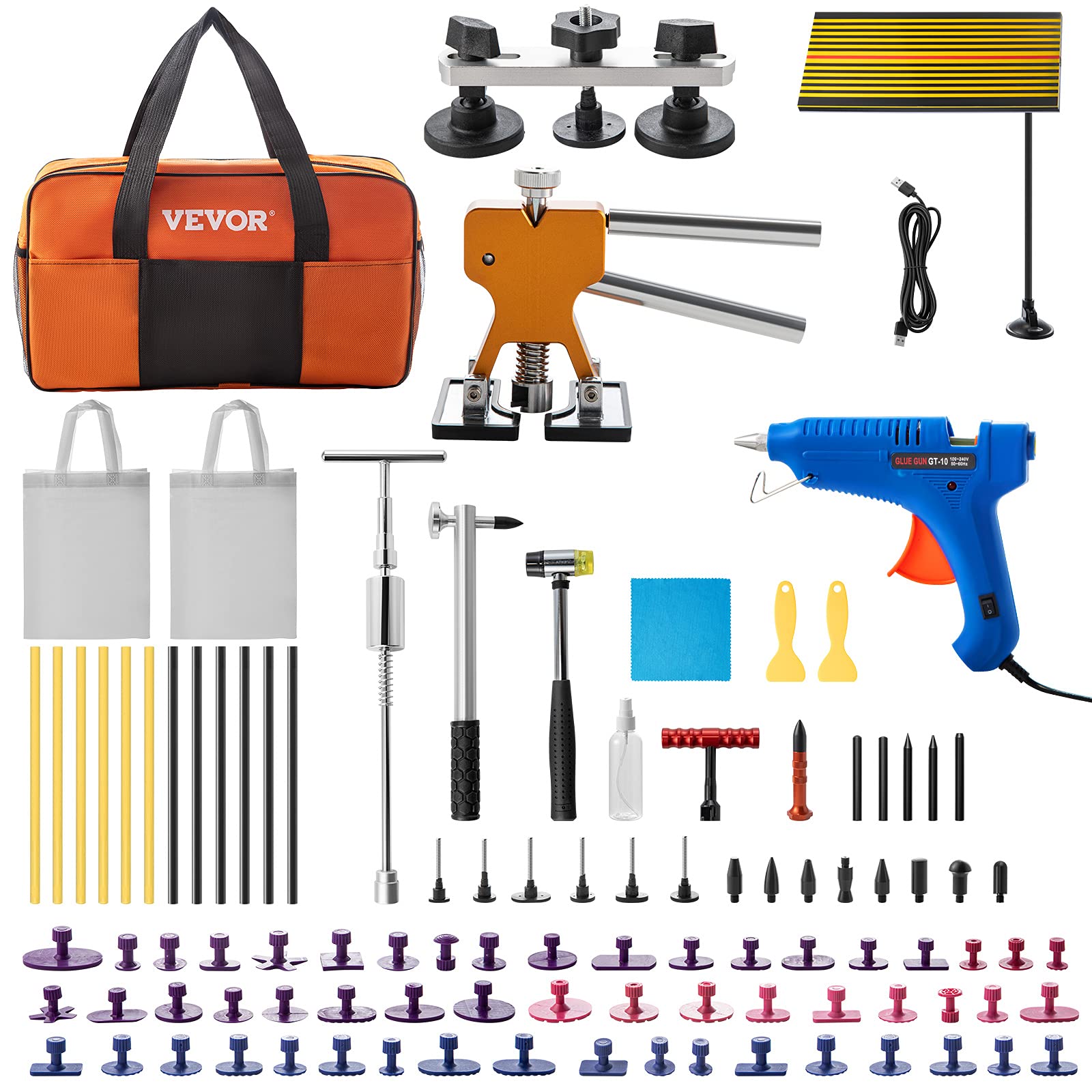 VEVOR 89 STK. Auto Dellen Reparaturset professionell, Paintless Ausbeulwerkzeug, DIY Repair Puller kit Dent Removal Tool, Hagel Reparatur, LED Reflektierende Platte Gleithammer Dellenheber T-Stange von VEVOR