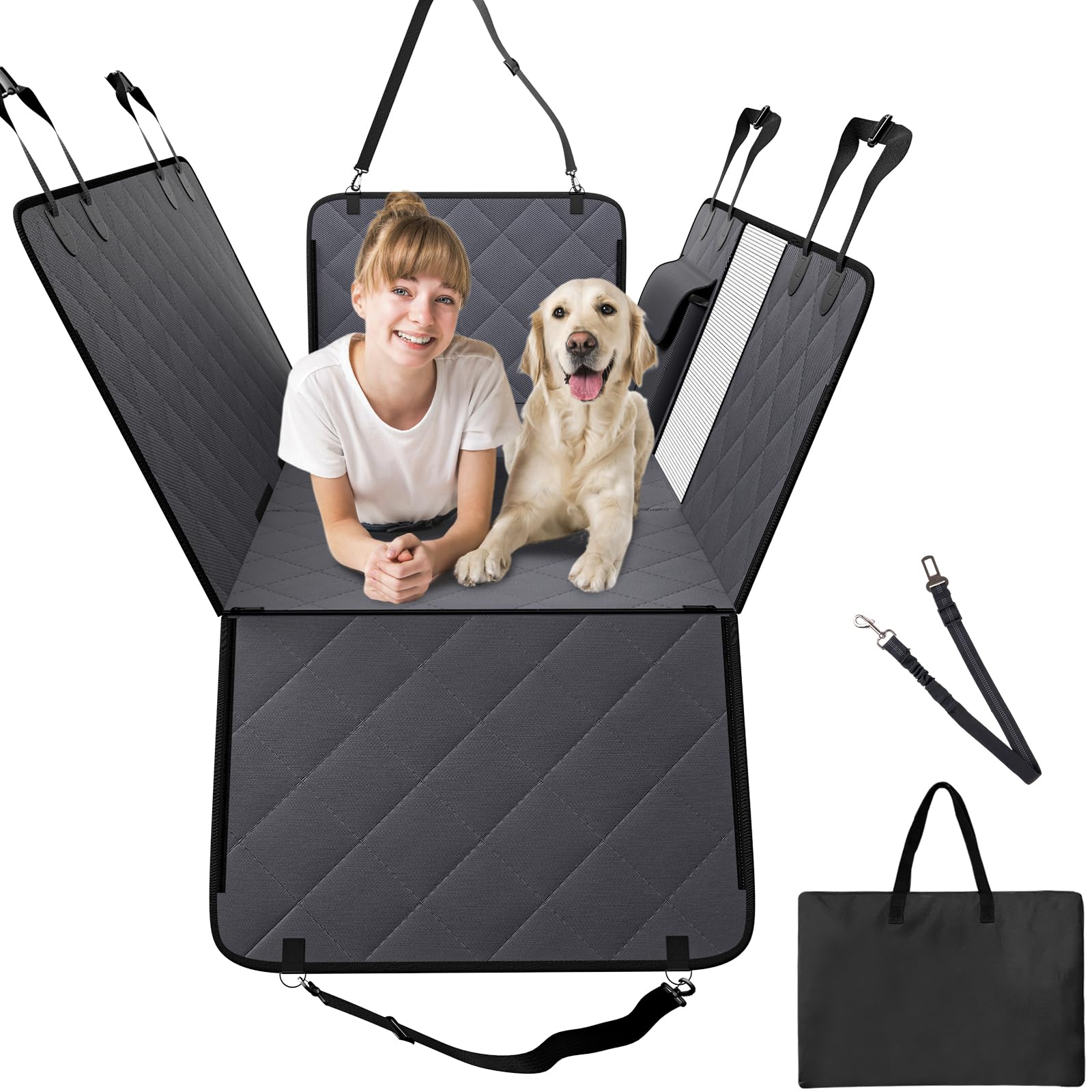 VEVOR Autoschondecke Hund Rücksitz, Hundedecke für Auto Rückbank, Hunde Autodecke mit harter Unterseite für die Rückbank, 137 x 61 cm, bis 180 kg, mit Netzfenster und Aufbewahrungstasche für Auto, SUV von VEVOR