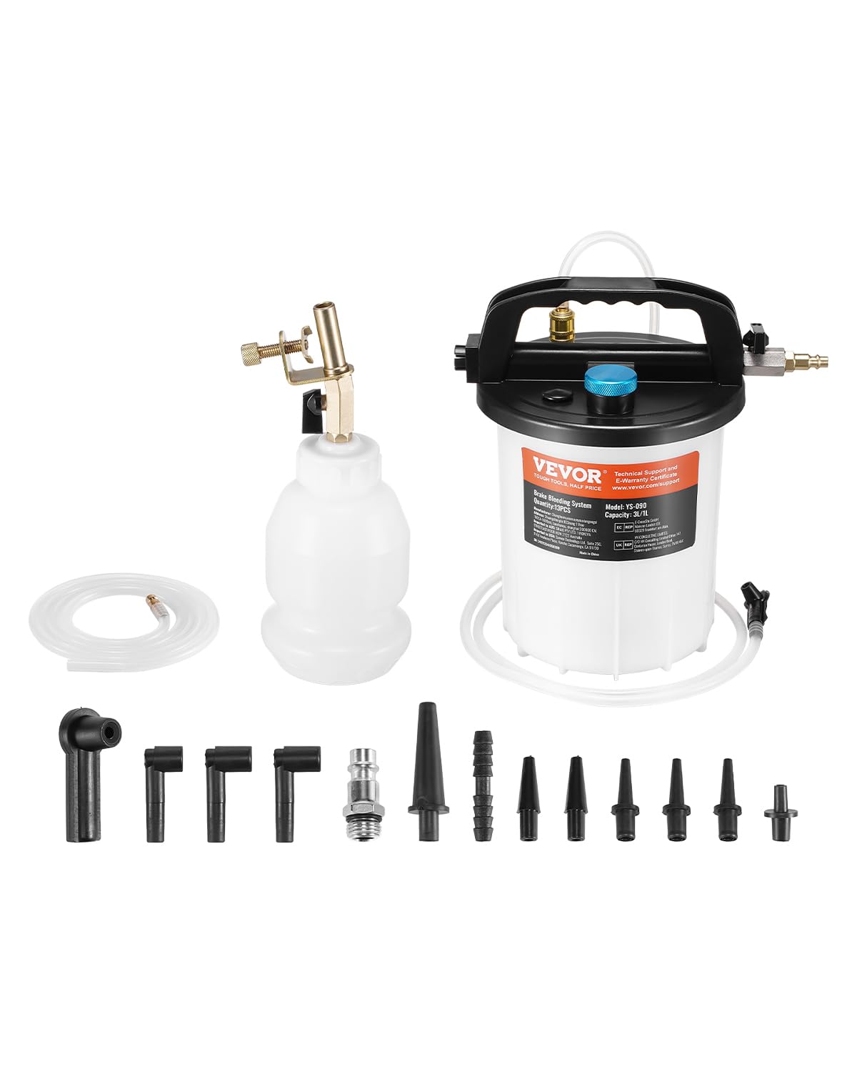 VEVOR Bremsenentlüfter Set 3 L Bremsflüssigkeitsabsauger mit 1 L Siphon-Nachfüllflasche und 13 Schlauchverbindern, komplettes Bremsflüssigkeitsentlüfter mit verlängertem Silikonschlauch und Griff von VEVOR