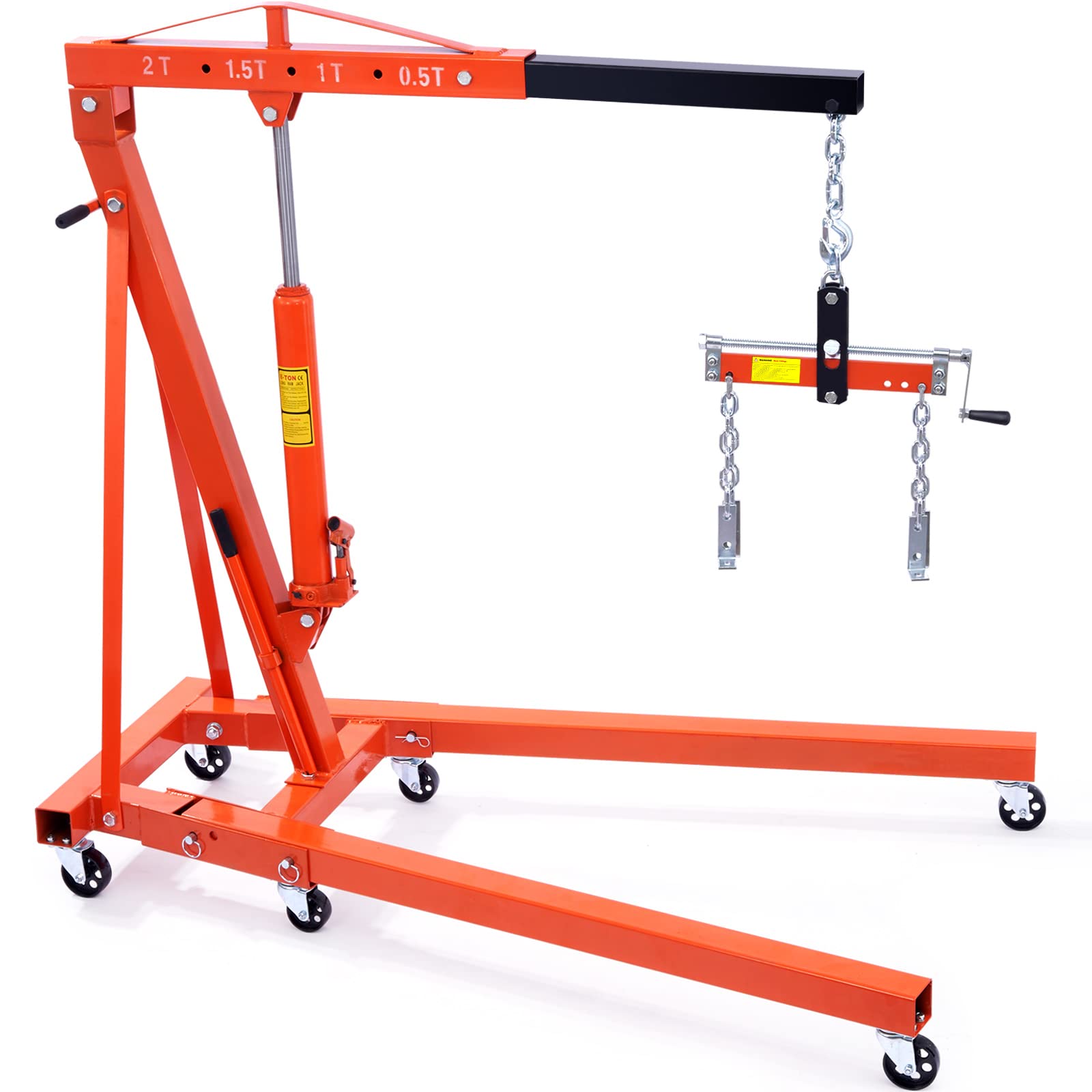 VEVOR Motorheber Motorkran 2t, Werkstattkran + Nivellierer für Motorheber 680 kg, Klappbarer Motorhalter Hochleistungsstahl Motorkran, Werkstatt Kran Getriebeheber Hebekran Ladekran Orange + Schwarz von VEVOR