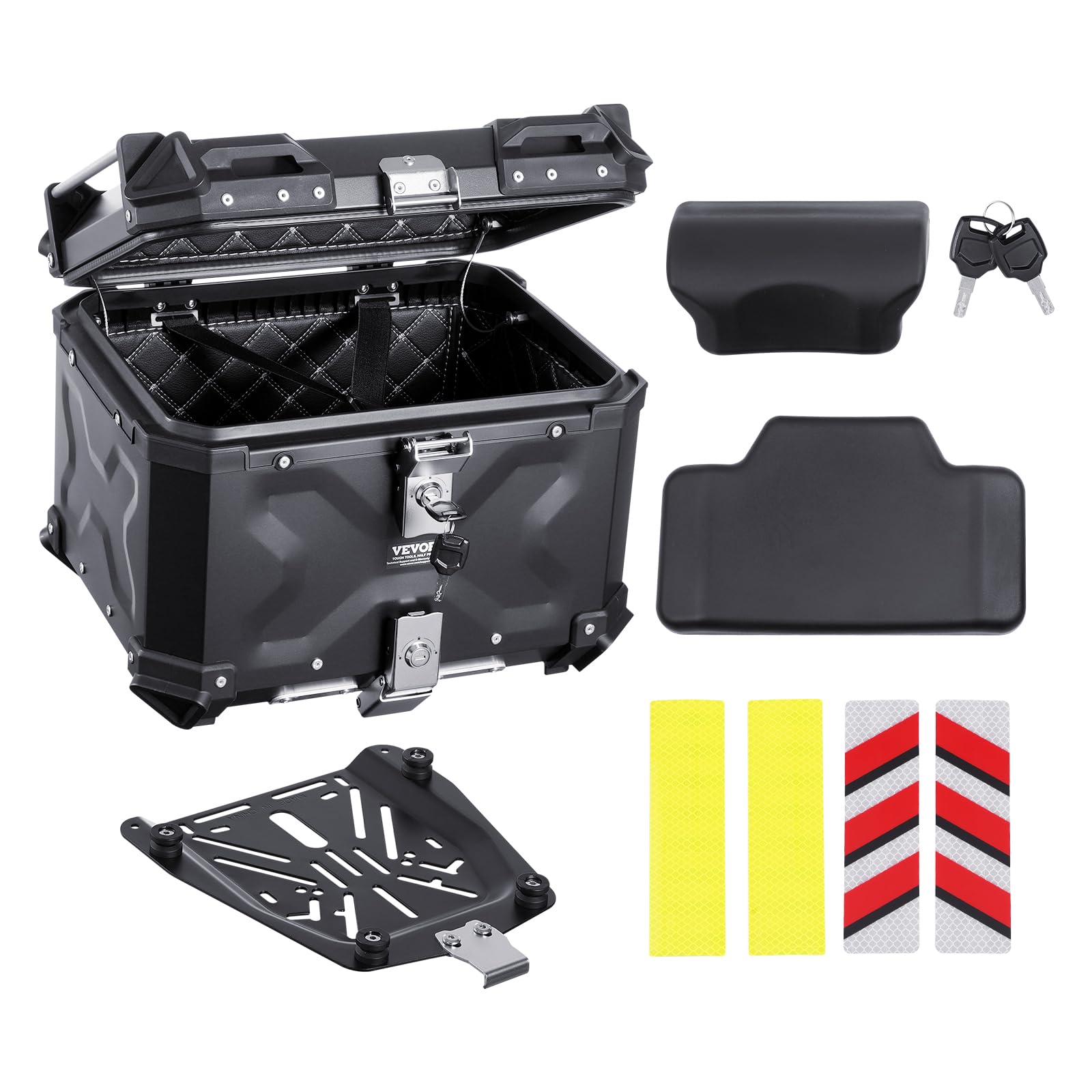 VEVOR Motorrad-Topcase Motorradkoffer 45 L Heckbox aus Aluminiumlegierung mit Lederfutter, abnehmbare Motorrad-Topbox mit Schloss & Rückenpolster, Helmkoffer (435 x 378 x 348 mm) Schwarz von VEVOR