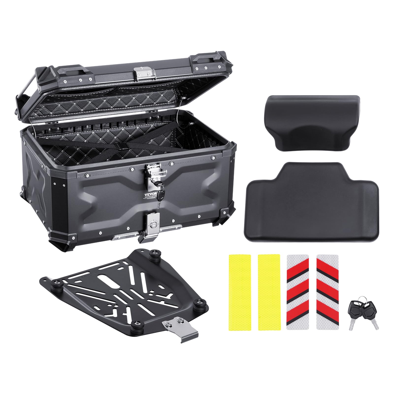 VEVOR Motorrad-Topcase Motorradkoffer 65 L Heckbox aus Aluminiumlegierung mit Lederfutter, abnehmbare Motorrad-Topbox mit Schloss & Rückenpolster, Helmkoffer (565 x 500 x 380 mm) Schwarz von VEVOR