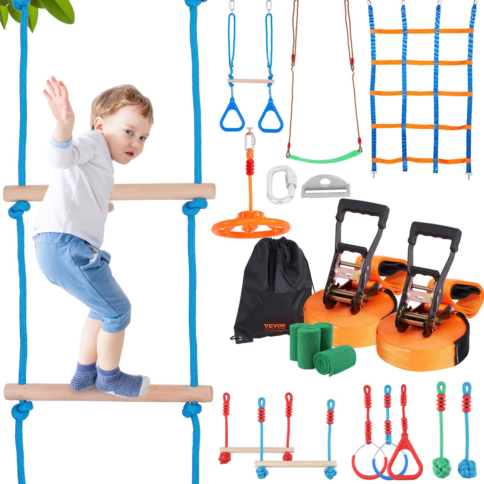 VEVOR Ninja Slackline Hindernisse Set 2 x 15,24 m Slacklines, 226,8 kg Tragkraft Ninja Hinderniskurs, Outdoor-Spielset-Ausrüstung, Hinterhofspielzeug-Trainingsausrüstungsset mit 12 Hindernissen von VEVOR