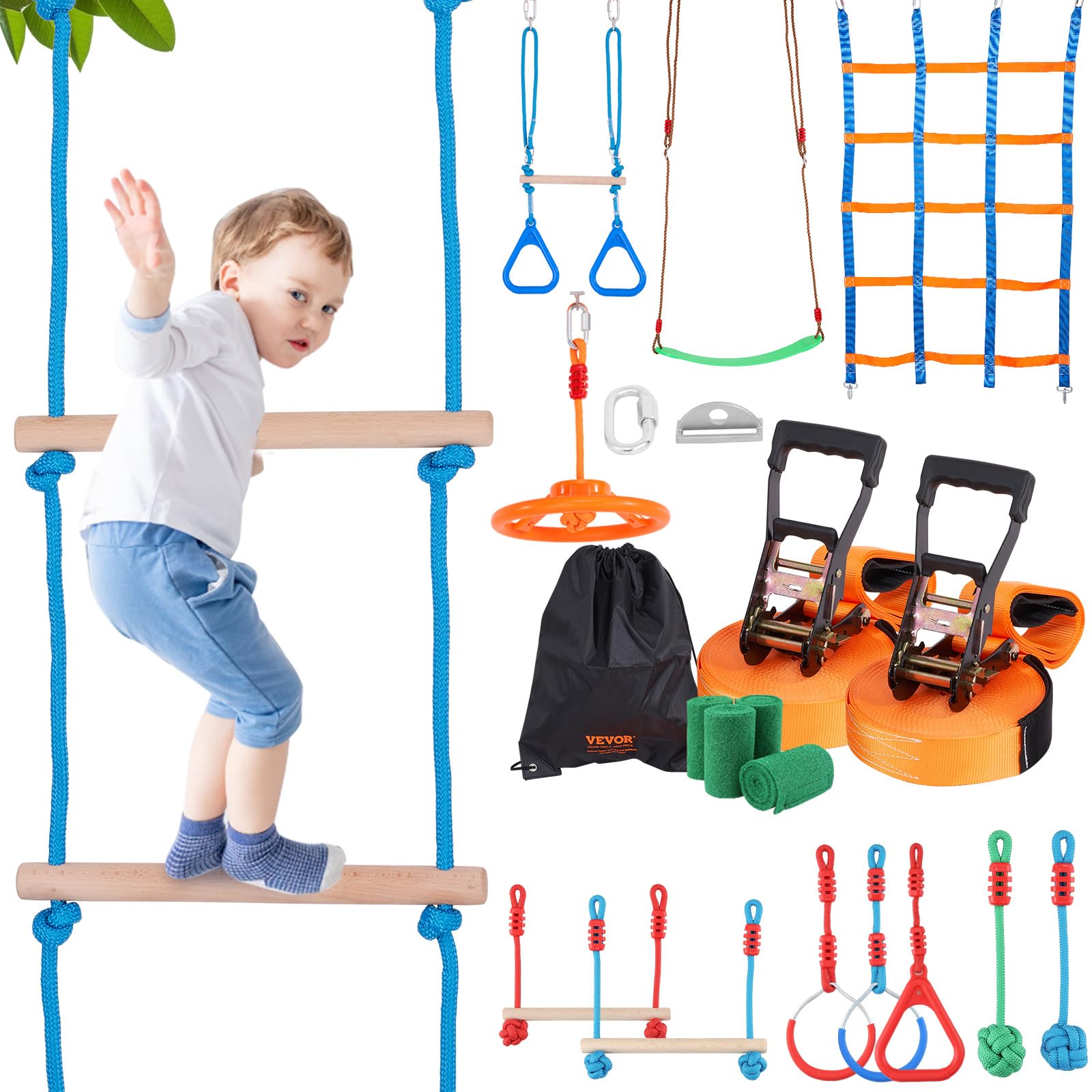 VEVOR Ninja Slackline Hindernisse Set 2 x 19,8 m Slacklines, 226,8 kg Tragkraft Ninja Hinderniskurs, Outdoor-Spielset-Ausrüstung, Hinterhofspielzeug-Trainingsausrüstungsset mit 12 Hindernissen von VEVOR