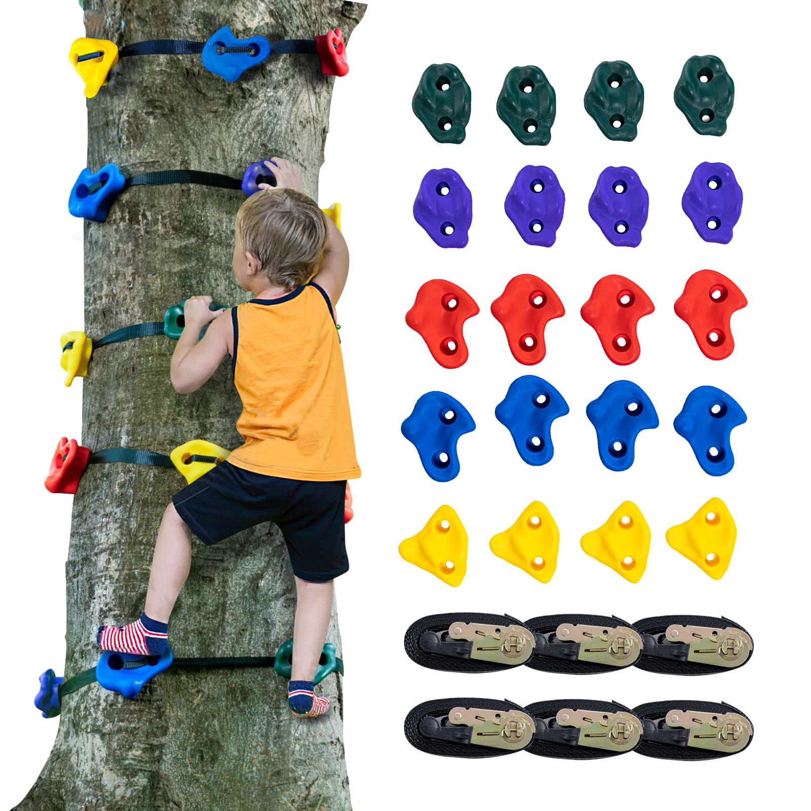 VEVOR Ninja Tree Climbing Kit, 20 Baumklettergriffe und 6 Ratschengurte, große Kletterfelsen für Kinder und Erwachsene, Kletterer und Formen, für Outdoor Ninja Warrior Hindernistraining von VEVOR