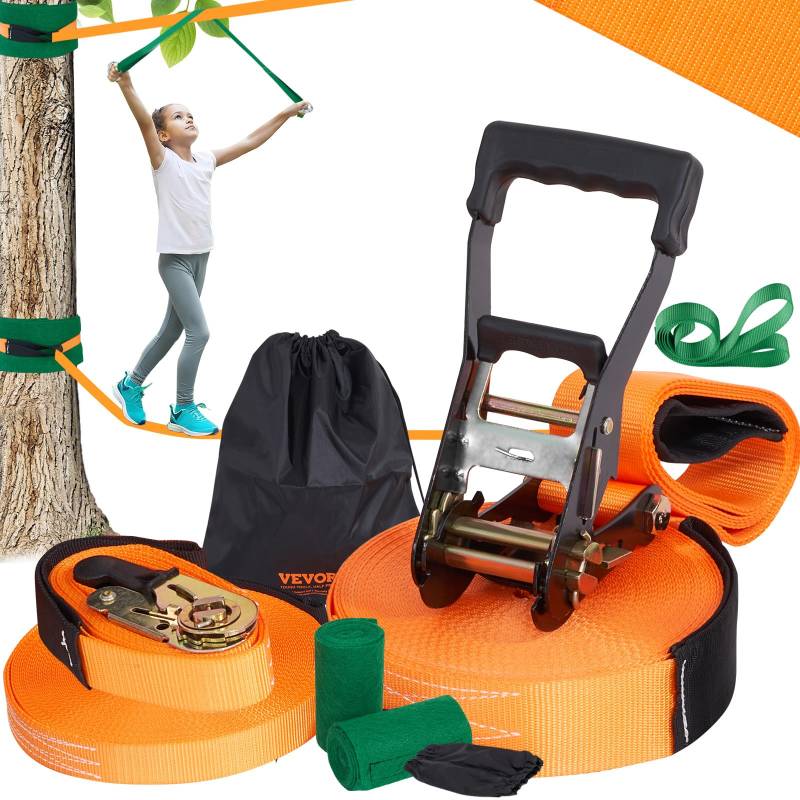 VEVOR Slackline Hindernisse Set 2 x 18,3 m Slacklines 2 x 1,5 m Baumschutz, 226,8 kg Tragkraft Ninja Hinderniskurs, Outdoor-Spielset-Ausrüstung, Hinterhofspielzeug-Trainingsausrüstungsset Orange von VEVOR