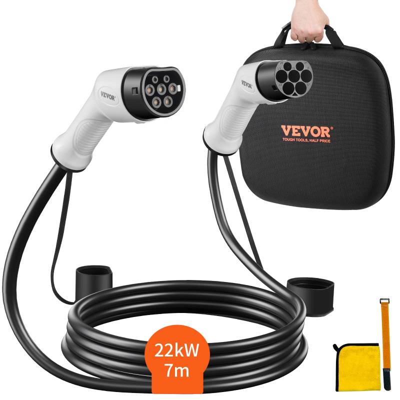 VEVOR Typ2 Ladekabel für Elektroauto/Hybrid EV Ladekabel E-Autoladekabel Wallbox 22kw TPU-Ladekabel 7m Kabellänge 3-Phase AC 380V Typ2 auf Typ2 Wasser-/Staubdicht Mit Allen Typ-2-Modellen Kompatibel von VEVOR