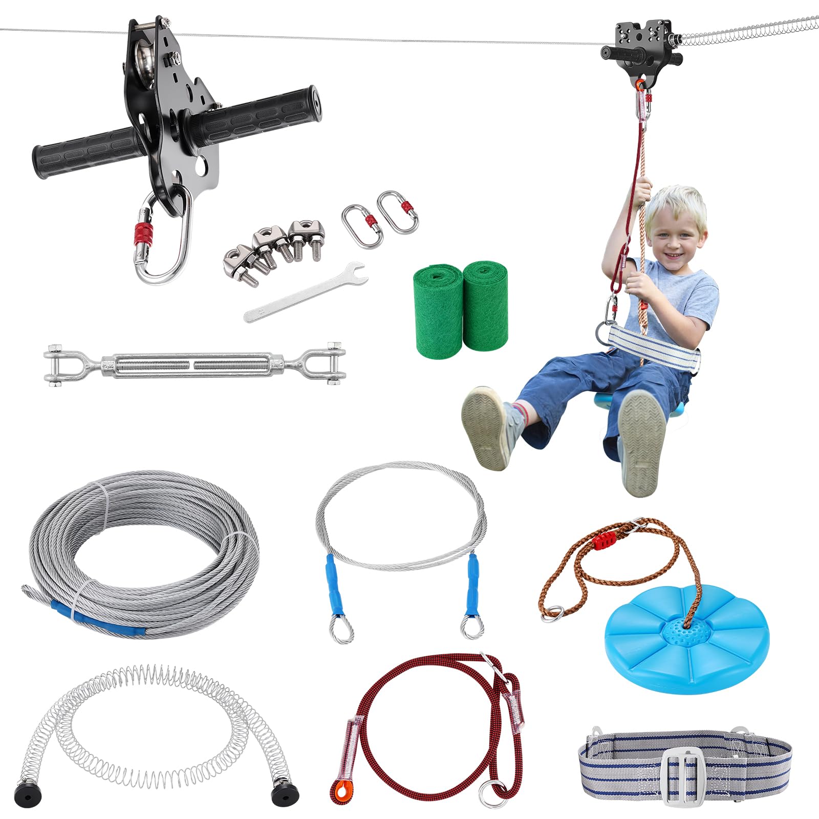 VEVOR Zipline Seilrutsche, 18,3 m Seilbahn Kinder, Zip Line Kit für Kinder und Erwachsene bis 226,8 kg, Backyard Zip Line Kit mit Verbessertem Federbremssystem, Seilbahn für Garten, Außenbereich usw. von VEVOR