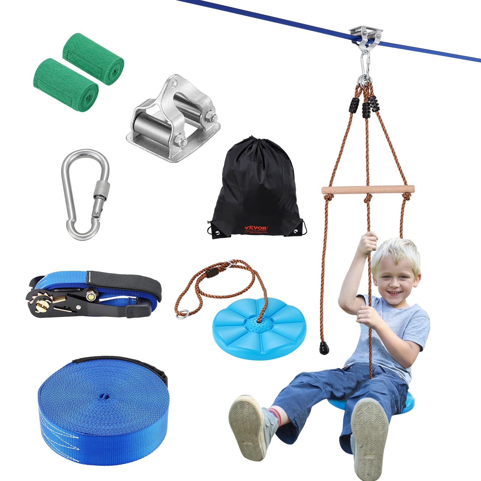 VEVOR Zipline-Set für Kinder & Erwachsene, 16,7 m Zipline-Sets bis zu 227 kg, Seilrutschen für den Außenbereich im Hinterhof, Spielplatzunterhaltung mit Zipline, Nylon-Sicherheitsgurt & Zubehörsatz von VEVOR