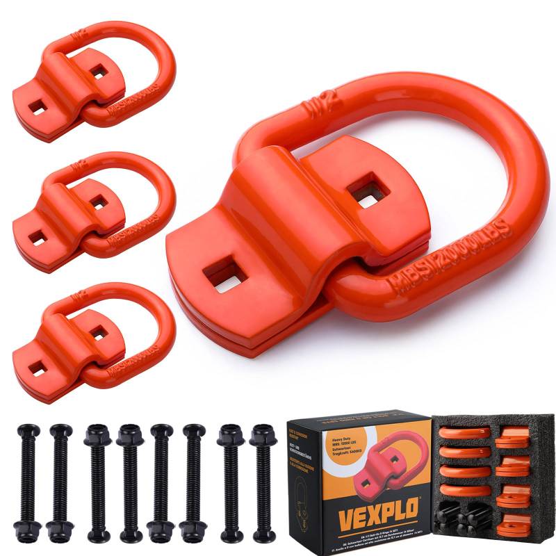 VEXPLO® Schwerlast Zurrösen für Anhänger LKW Pickups, Anschlagpunkt schraubbar 5400 kg, 4 Stück Aufbauring Haken D Ring mit Schrauben,Ideal für schwere Lasten und schwieriges Gelände (Orange) von VEXPLO