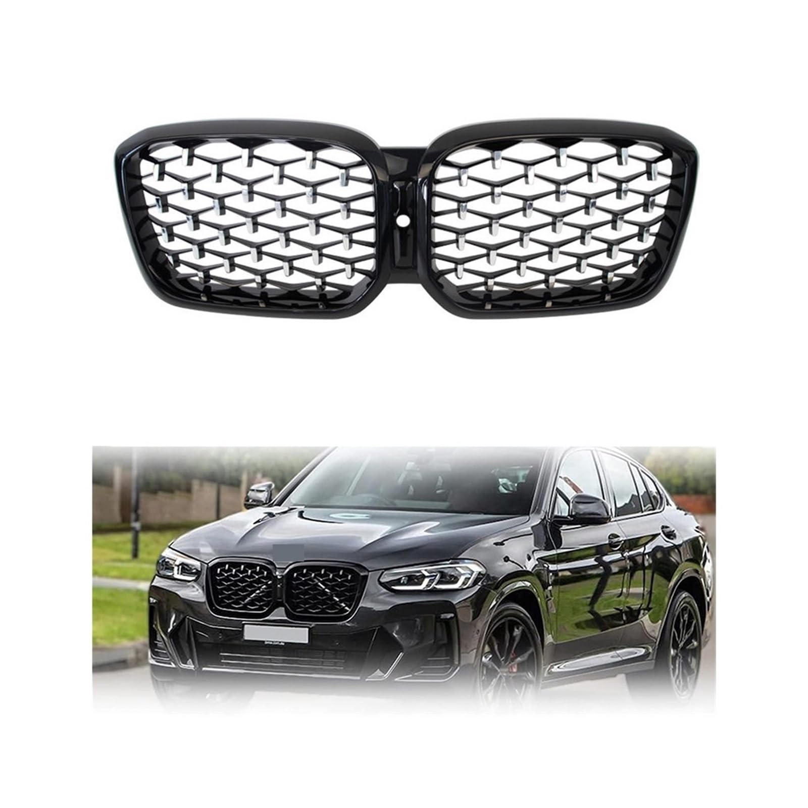 Niere Kühlergrill schwarz Racing Grills Diamant-Stil kompatibel for BMW X3 X4 G01 G02 2022+ Meteor Style Auto Mesh Ansaughaube Gitter(Silver Black x Hole) von VEXRLUHS