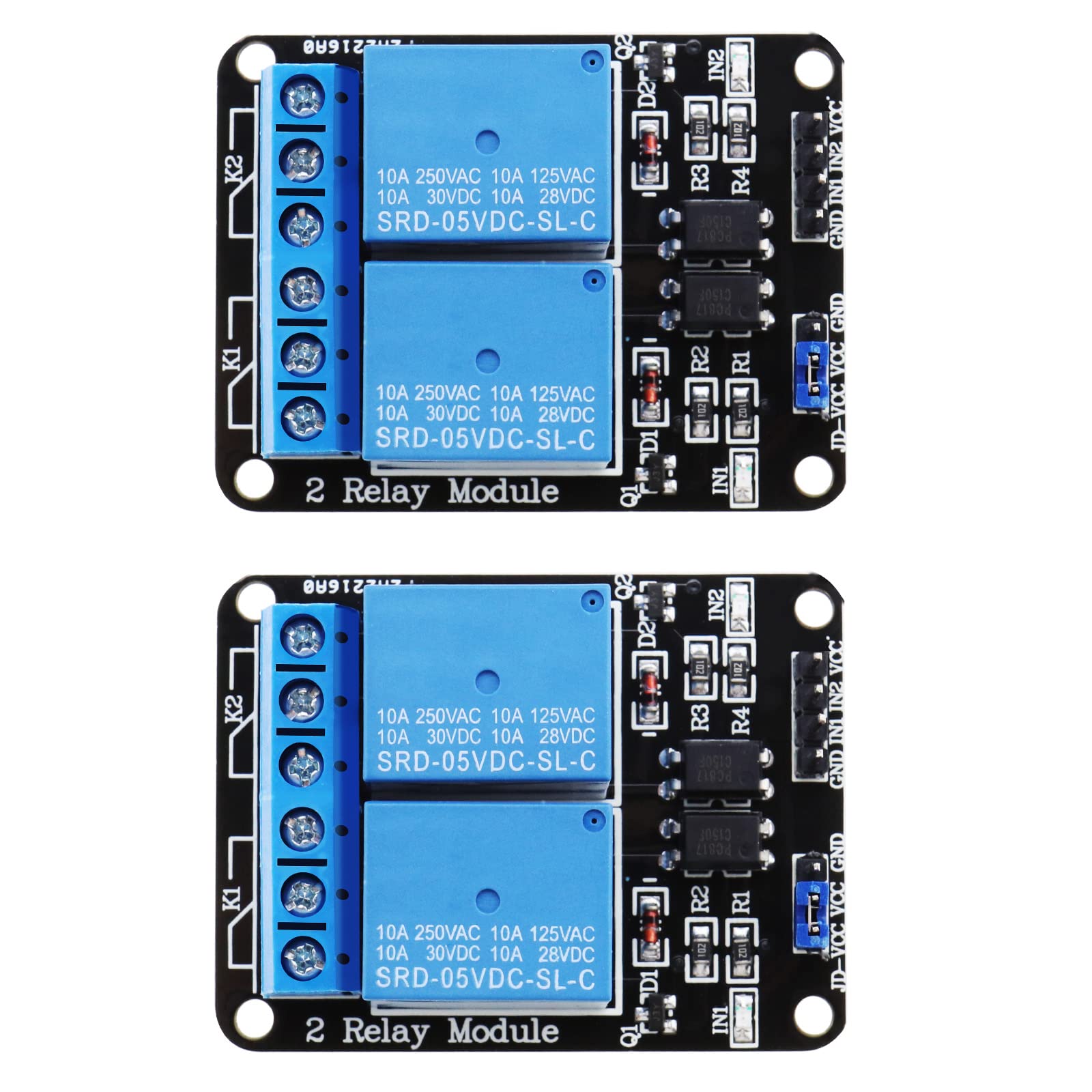 VGOL 2 Stück 2 Kanal DC 5V Relaismodul PCB Steuerplatine für MCU Steuerung Industriesektor PLC Steuerung Smart Home Steuerung AC250V 10A DC30V 10A von VGOL