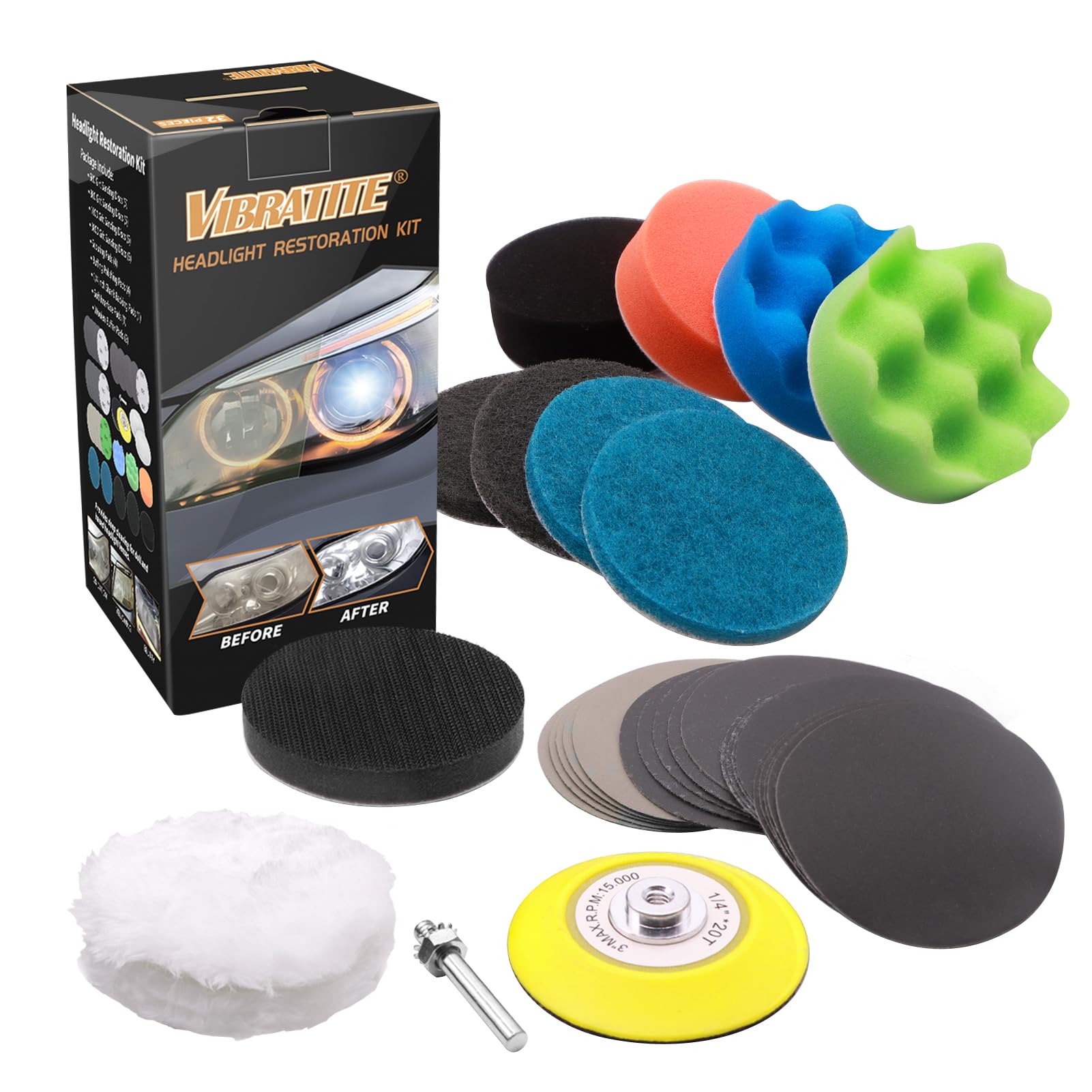 VIBRATITE 32PCS Scheinwerfer Restaurations Set, Polier Kit zur Wiederherstellung Stumpfer Verblasster Scheinwerfer,DIY Headlight Restoration Kit mit Schleifpapier,Polierschwamm, Schleifvlies von VIBRATITE