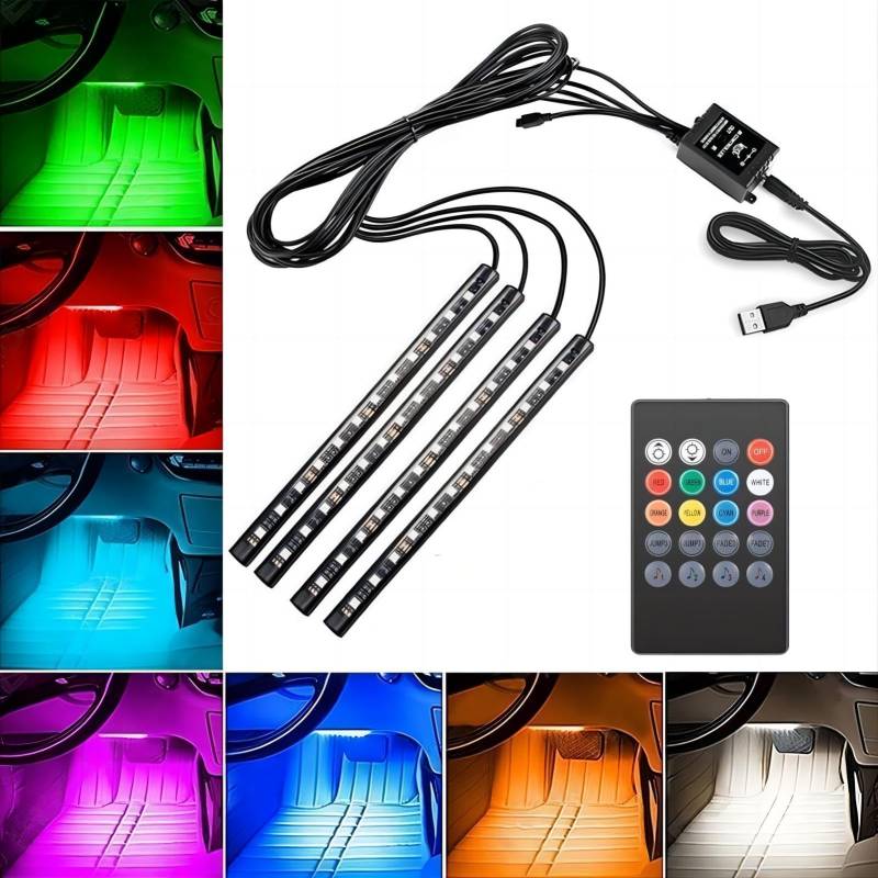 VIFERR Auto LED Innenbeleuchtung, 4pcs 48 Strip Leuchten Innenraumbeleuchtung LED Atmosphäre Licht USB-Port Lichtleiste mit Fernbedienung (12V) von VIFERR