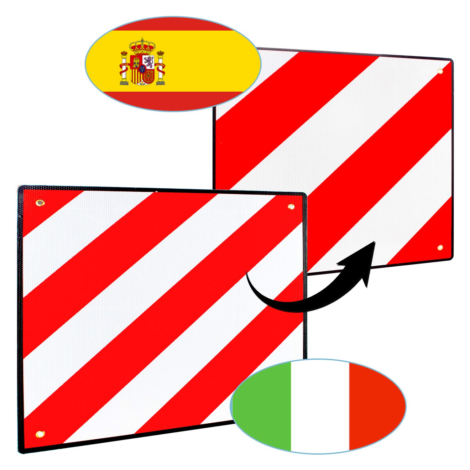 VINGO Premium Warntafel, 2in1 50x50cm Aluminium Warntafel für Italien und Spanien, Reflektierend rot-weiß Warnschild für Heckanhänger, Wohnwagen, Anhänger, Fahrradträger von VINGO