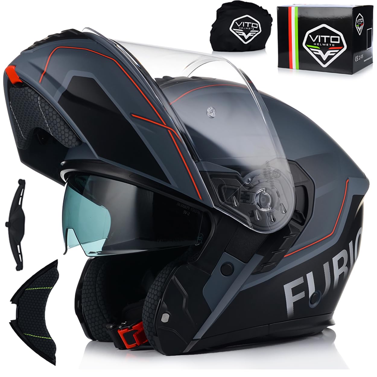 Klapphelm mit Sonnenblende | VITO Furio | Motorrad Helm Integralhelm | Motorradhelm Klappbar | ECE 22.06 Zertifiziert (M (57-58cm)) von VITO Helmets