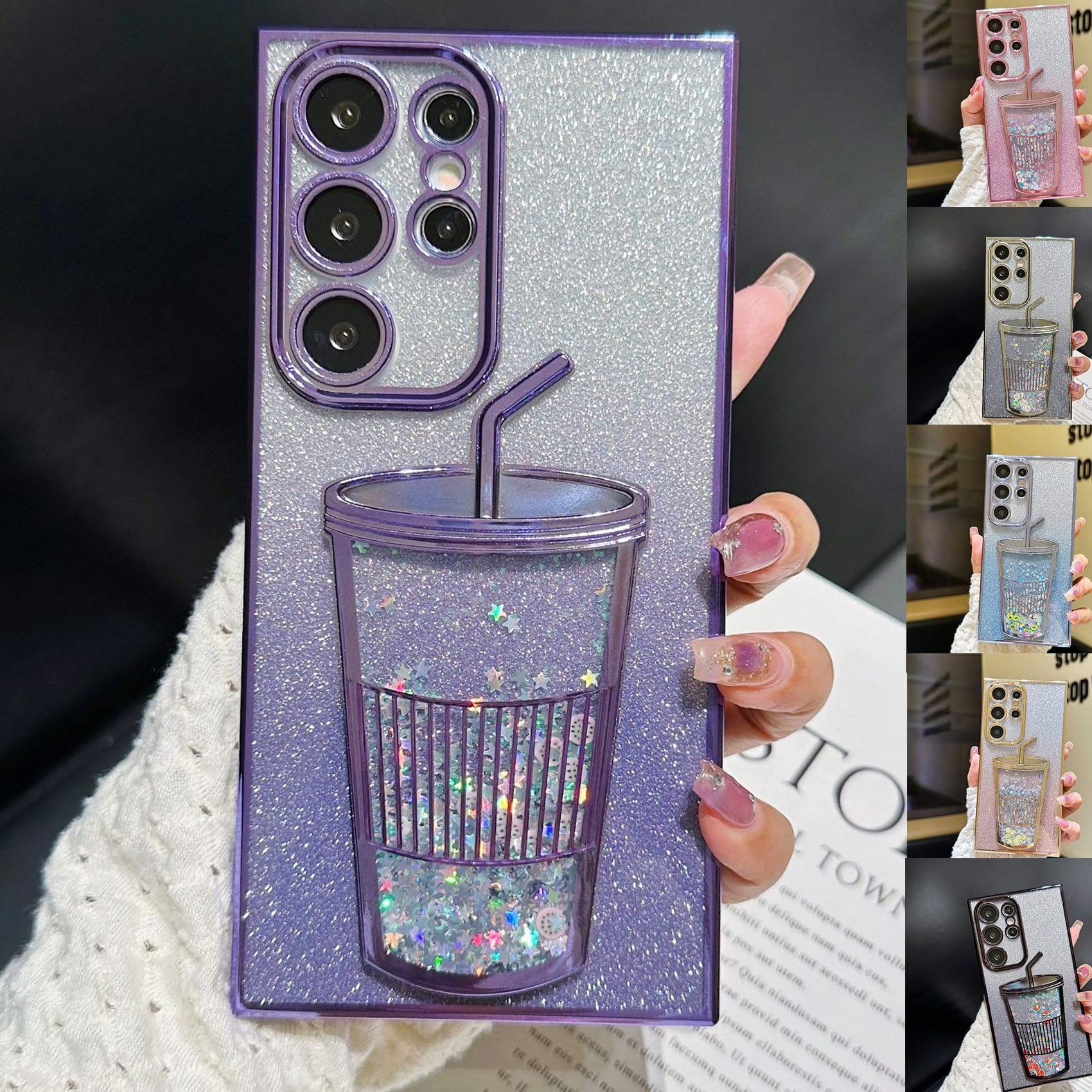 VIUXL Transparent 3D Milk Tea Cup Soft Mobile Phone Case for Samsung, Gradient Glitter Quicksand Milk Tea for Samsung S24/S23/S22 Ultra (Purple,S22) von VIUXL