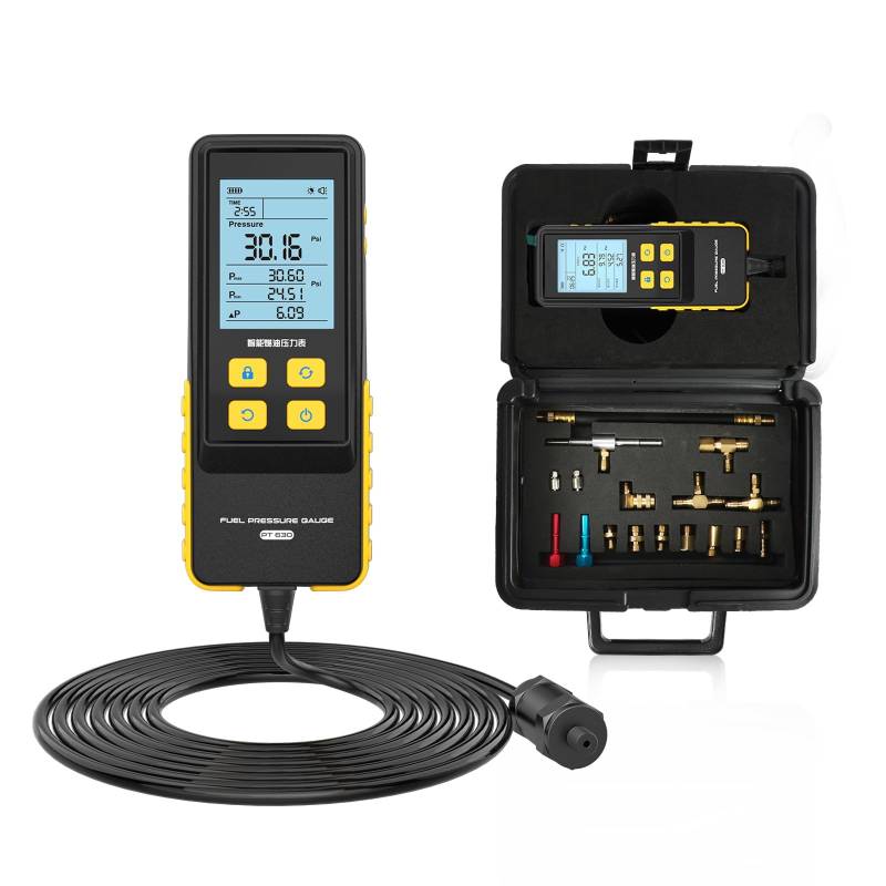 VKALTUL PT630 Digitale Kfz Kraftstoffdruck Messgerät, Reparatursatz Für Kraftstoffdruckmesser, 2,8-Zoll-Display, Zur Erkennung von Fehlern im Kraftstoffsystem des Fahrzeugs von VKALTUL