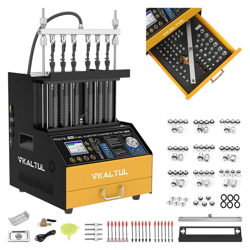 VKALTUL Einspritzdüsen Prüfgerät, Injektoren Prüfgerät mit 6 Zylinder 12 Testfunktionen 3 Reinigungsfunktionen Verschiedenes Austauschbares Zubehör für GDI EFI FSI Injektor (12/70/120V) von VKALTUL