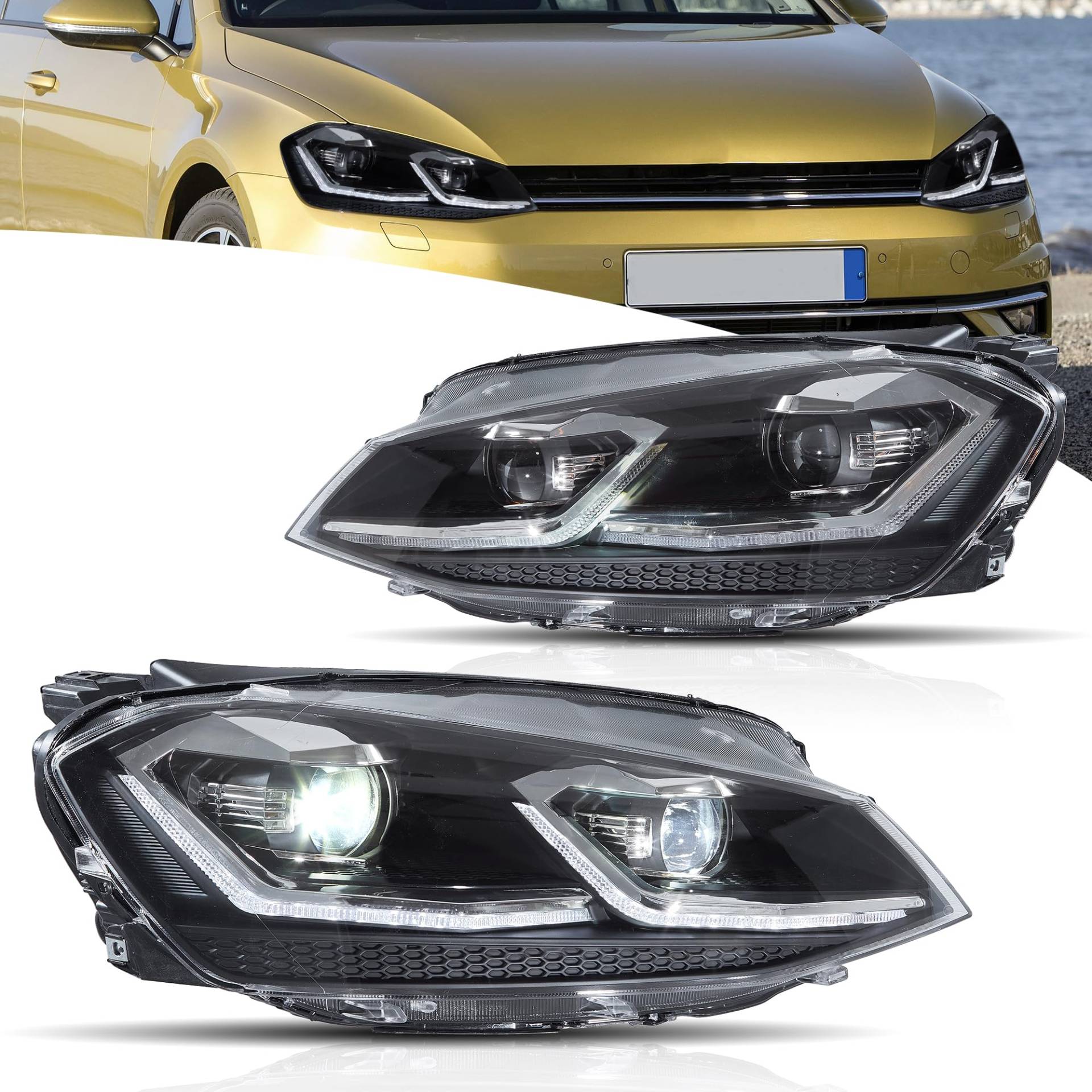 VLAND Scheinwerfer Kompatibel für Golf 7.5 MK7.5 Halogen 2017-2020 (Nicht für Golf MK7/GTI/R), Mit E-Prüfzeichen,1 Satz (Neue silberne linie) Keine Glühbirnen erforderlich von VLAND Motor