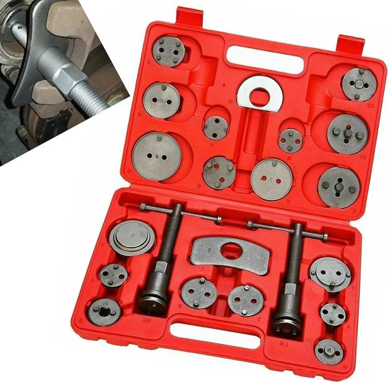 VLAND 22 PCS Universal Auto Bremskolbenrücksteller Kolben Rücklauf Werkzeug Set, Rücklauf Reparatur Werkzeug Kits für Auto-Bremsbeläge, 18 Adapter + 2 Druckschrauben + 2 Halteplatten von VLAND