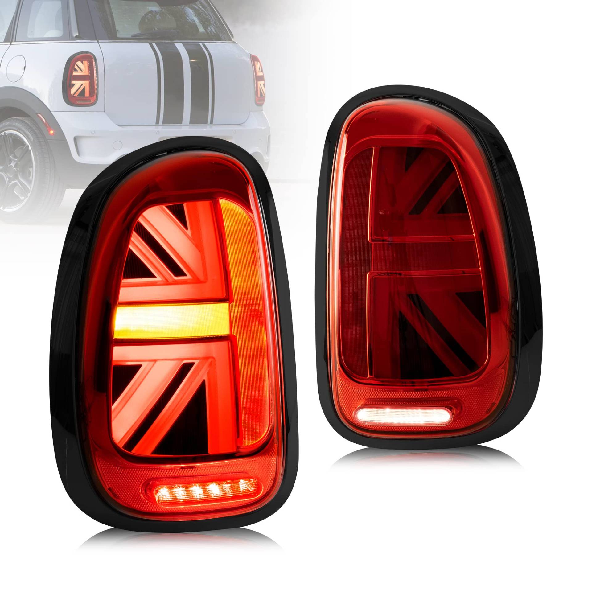 VLAND 3D LED Rückleuchten kompatibel für Mini Countryman R60 WRC/John Cooper Works 2010-2016 Heckleuchten, Rücklichter mit gelbem sequentiellem Blinker, DRL mit Atemfunktion (Rot) von VLAND
