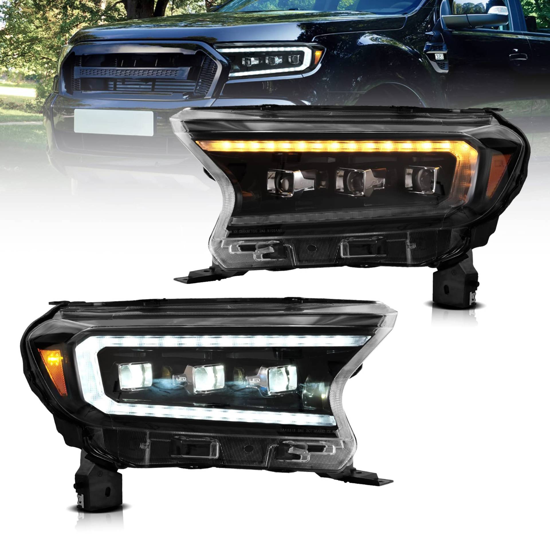 VLAND DRL Scheinwerfer für Ford Ranger T6 facelift Wildtrak Raptor FX4 2015-2020 Ersatzscheinwerfer, Mit E-Prüfzeichen, Paar (Fahrer und Beifahrerseite) von VLAND