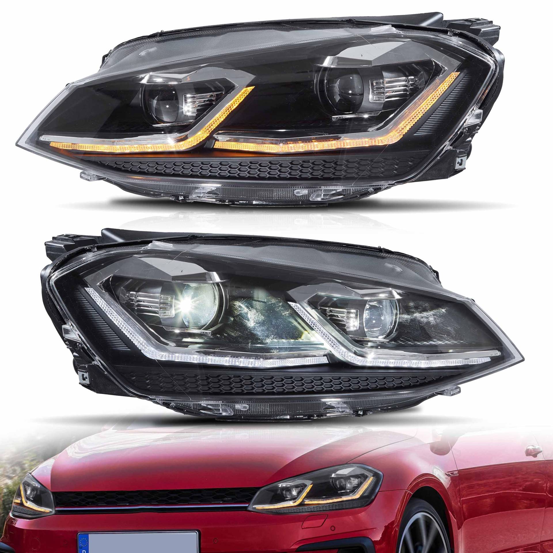 VLAND Phares compatible pour Golf 7 Facelift Golf 7.5 MK7.5 2017-2020 Feux avant avec indicateur séquentiel, LED DRL Tech, LHD (bande argentée) von VLAND