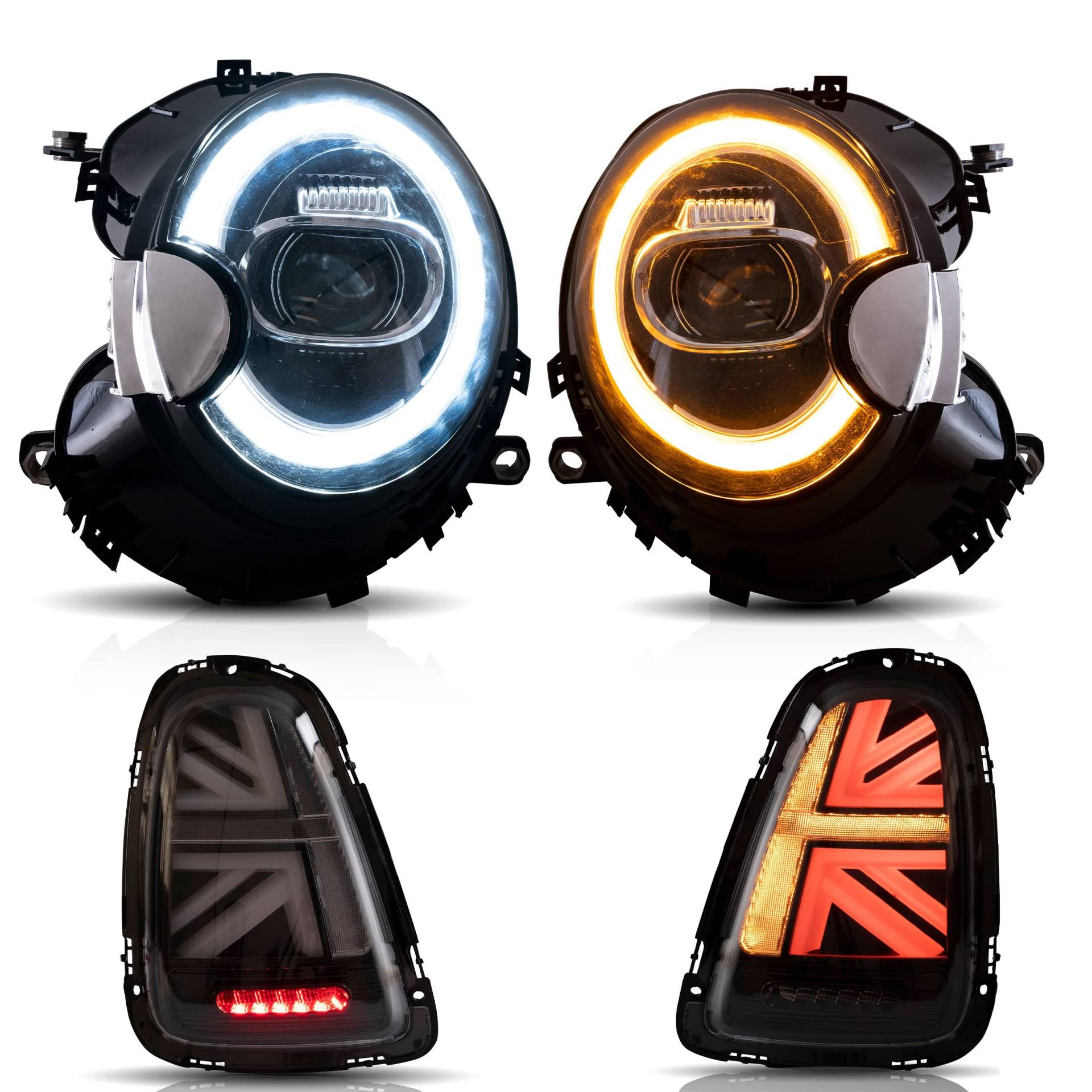 VLAND Scheinwerfer+Rücklichter passend für Mini Cooper R56 R57 R58 R59 2007-2013, Union Jack Rücklichter mit E-Prüfzeichen, (geräuchert) von VLAND