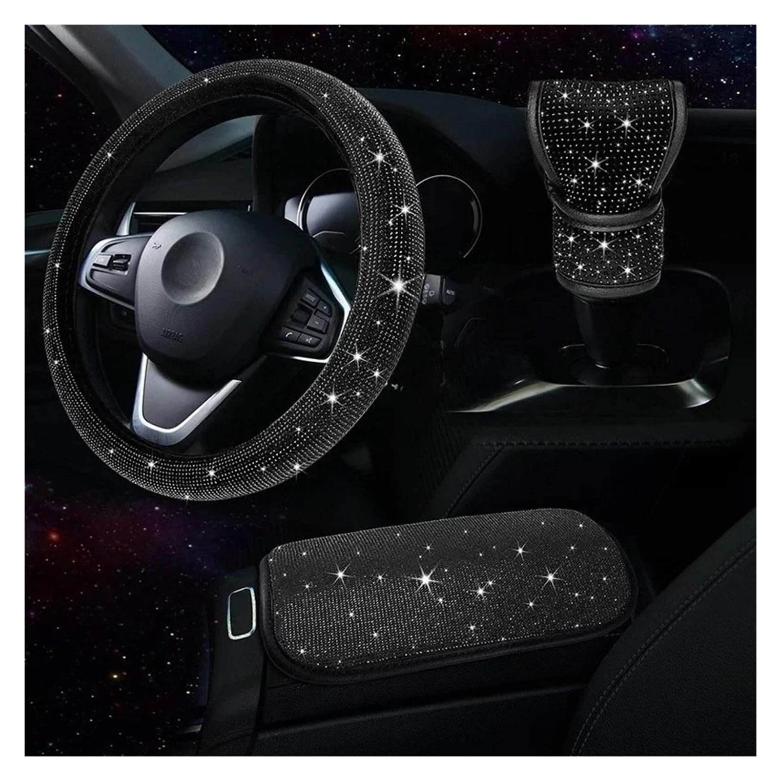 Auto Lenkrad Bezug 3Pcs Strass Lenkrad Abdeckung Schalthebel Abdeckung Armlehne Matte Pad Bling Auto Decortion Styling Auto Zubehör Set Lenkrad Abdeckung(Black) von VOALVT