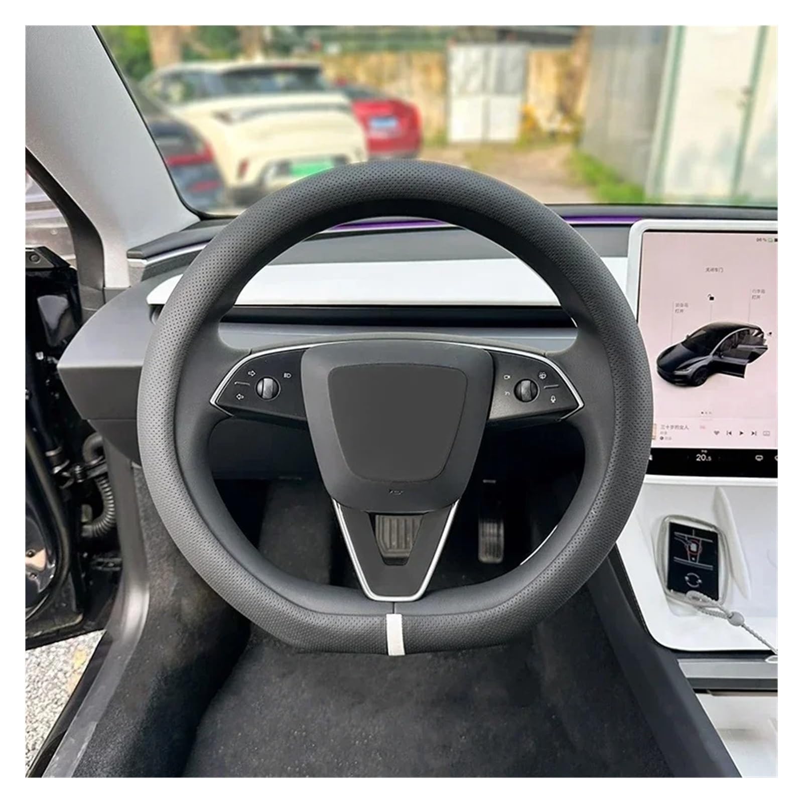 Auto Lenkrad Bezug Für Tesla Für Modell 3 Y Highland PU Leder Lenkrad Abdeckung Anti Slip Lenkung Ersatz Schützen Abdeckung Zubehör Lenkrad Abdeckung(Black) von VOALVT