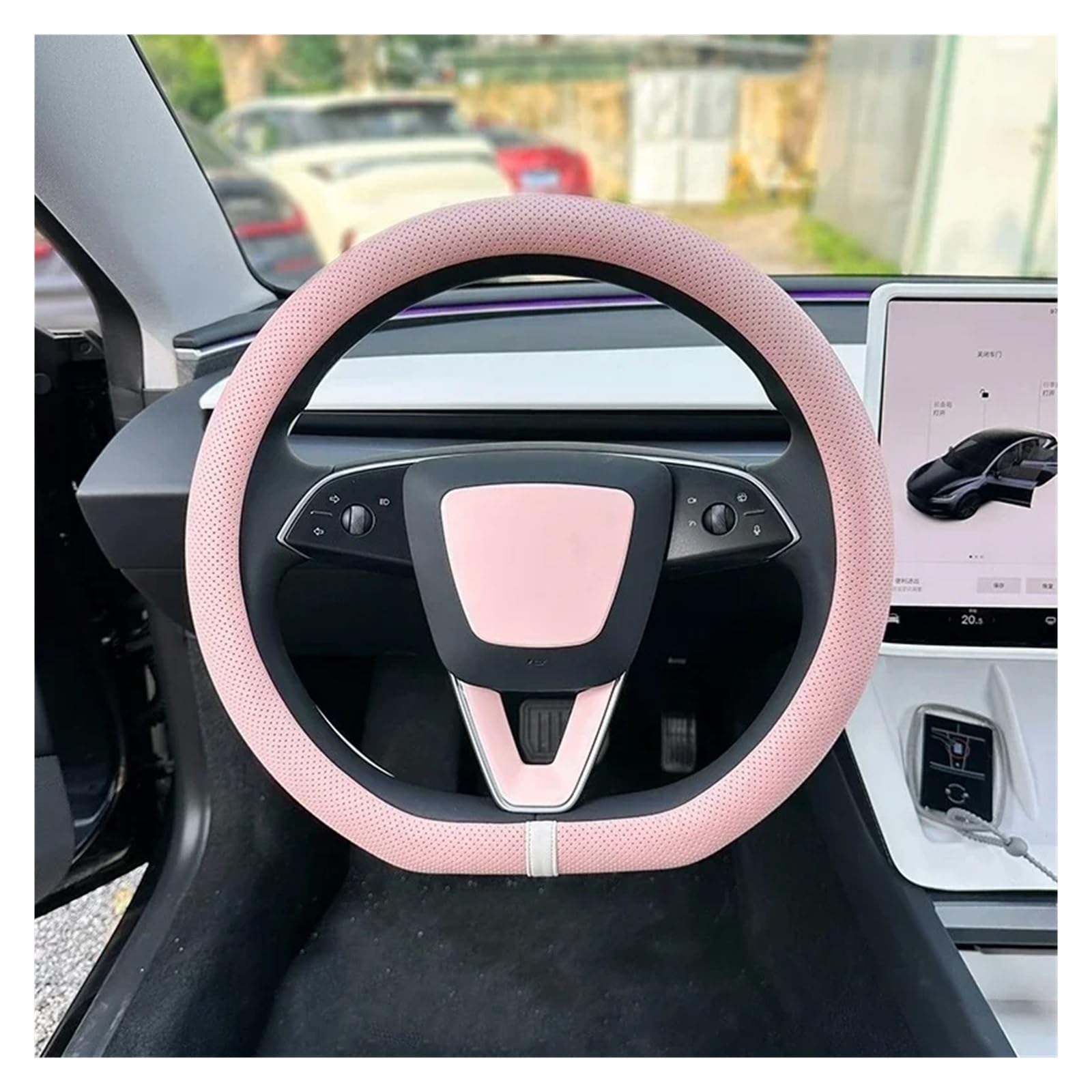 Auto Lenkrad Bezug Für Tesla Für Modell 3 Y Highland PU Leder Lenkrad Abdeckung Anti Slip Lenkung Ersatz Schützen Abdeckung Zubehör Lenkrad Abdeckung(PINK) von VOALVT