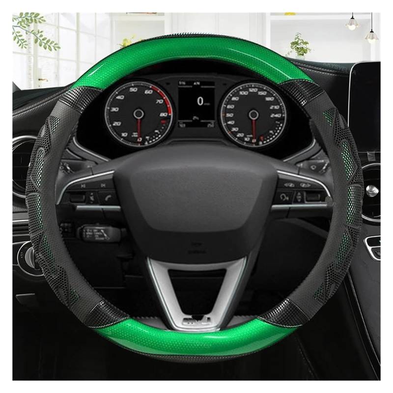 Lenkradhüllen Für Seat Für MII Für Leon Für Arosa Für Exeo ST FR Autolenkradbezug Aus Kohlefaserleder rutschfest 38 cm Lenkradschoner(Green O Shape) von VOALVT