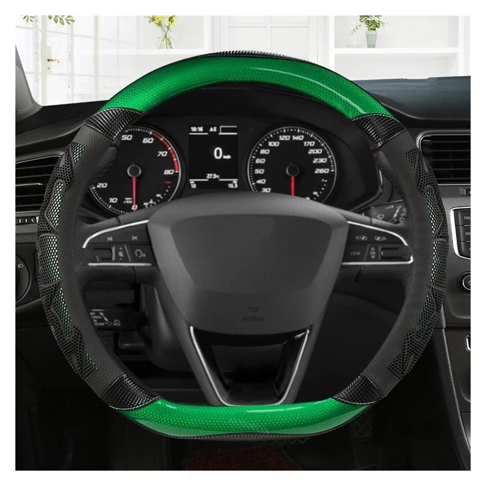 Lenkradhüllen Für Seat Für Tarraco Für Arona Für Ateca Für Ibiza Für Toledo Autolenkradbezug Aus Kohlefaserleder rutschfest 38 cm Lenkradschoner(Green D Shape) von VOALVT