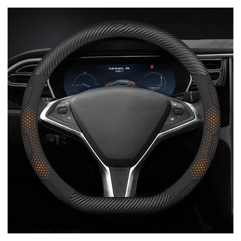 Lenkradhüllen Für Tesla Für Modell 3 XSY 2021 2022 2023 Auto Wildleder Carbon Faser Leder Lenkrad Abdeckung Lenkradschoner(D Style A Orange) von VOALVT