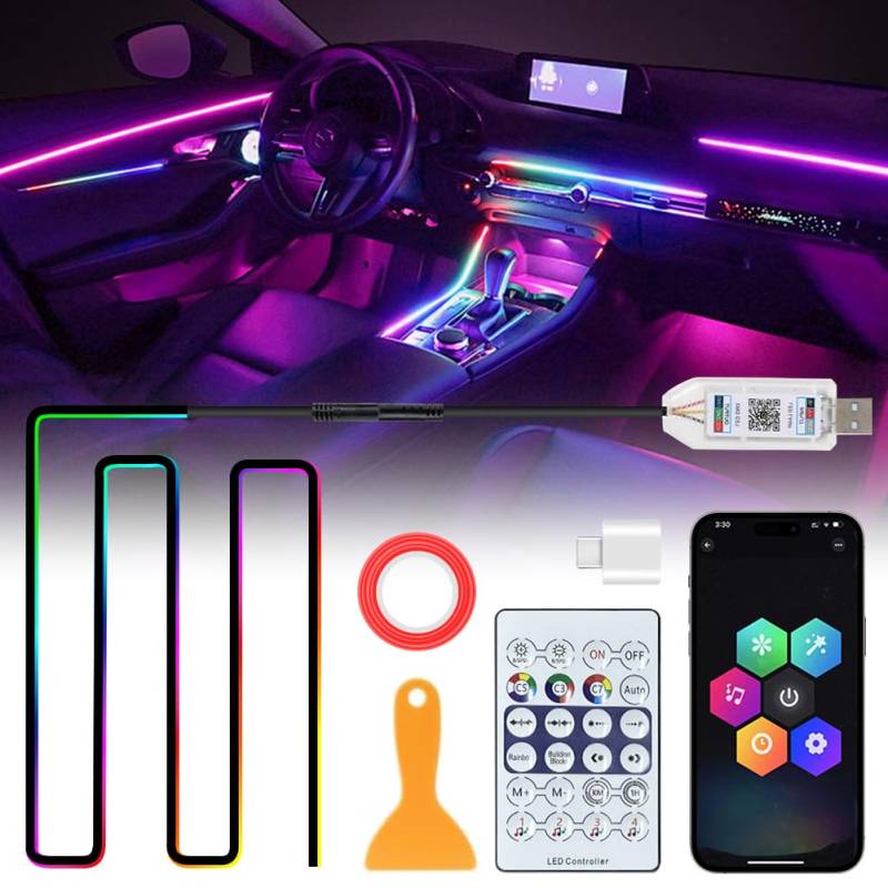 Auto LED Innenbeleuchtung, RGB Ambientebeleuchtung Auto Strip 110cm Auto Innenraumbeleuchtung Ambientebeleuchtung auto USB-Port, APP-Steuerung LED-Lichter Auto Neonleuchtleisten Ambient Lighting Kits von VOHESEA