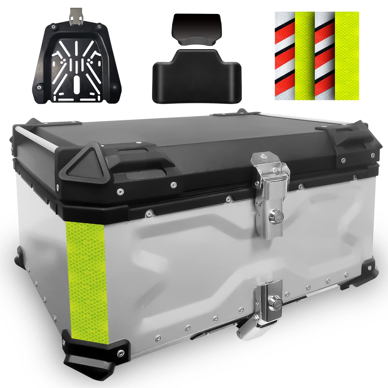 VOKKA Topcase Motorrad, 65L Topcase für Roller Wasserdicht Topcase für 2 Helm Topcase Roller Koffer mit Sicherheitsschloss, Motorradkoffer mit Rückenkissen und InstallierenTrägerplatte (Silber) von VOKKA