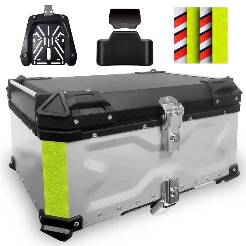 VOKKA Topcase Motorrad, 65L Topcase für Roller Wasserdicht Topcase für 2 Helm Topcase Roller Koffer mit Sicherheitsschloss, Motorradkoffer mit Rückenkissen und InstallierenTrägerplatte (Silber) von VOKKA