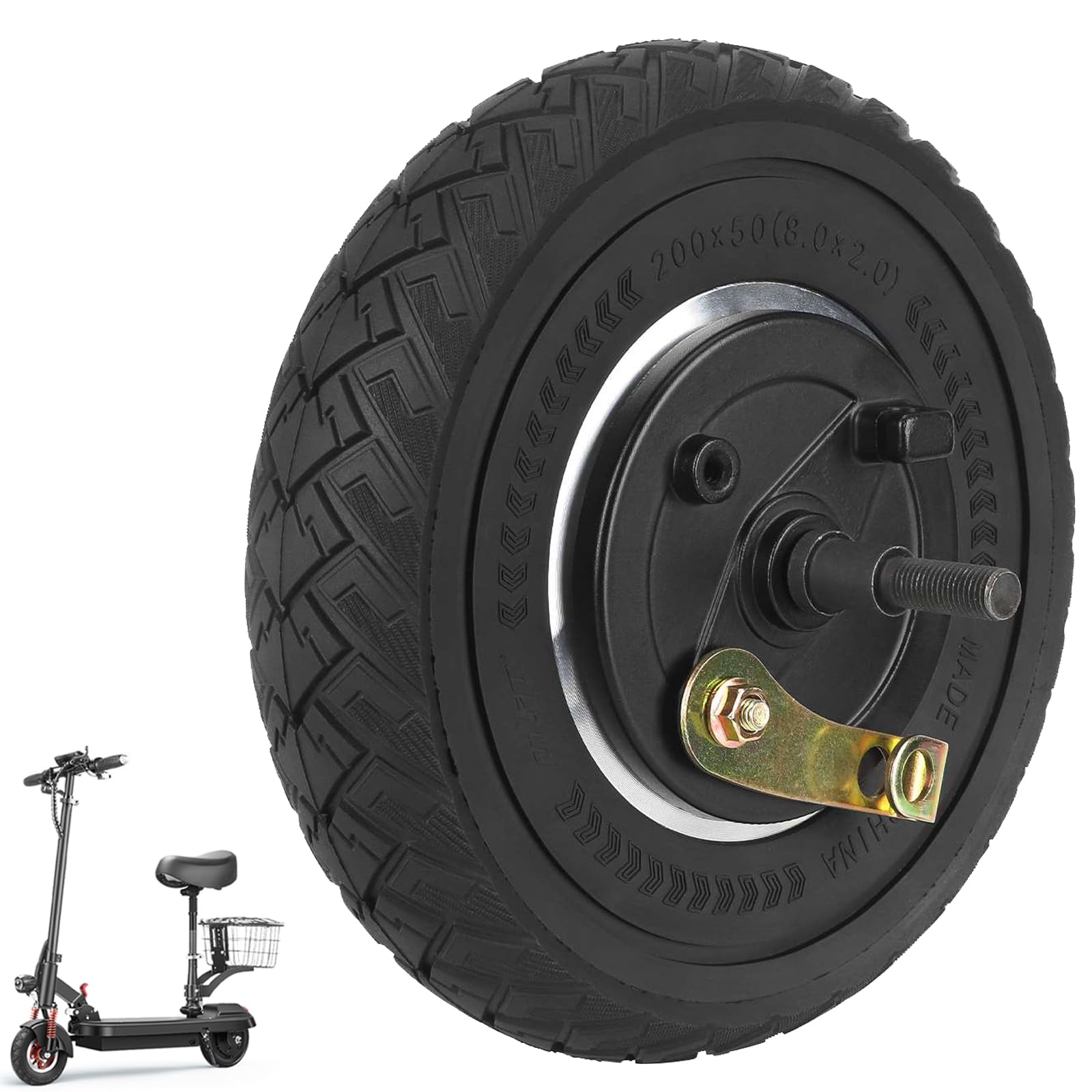 VOLOHAS 200x50 Vollreifen 8-Zoll-Elektroroller-Vorderrad mit Trommelbremse für Dualtron Speedway Mini 4 Pro/SpeedTrott GX12 Vorderrad Trommelbremse Scooter 8 Zoll 200*50 Trommelbremsnabe (mit Welle) von VOLOHAS