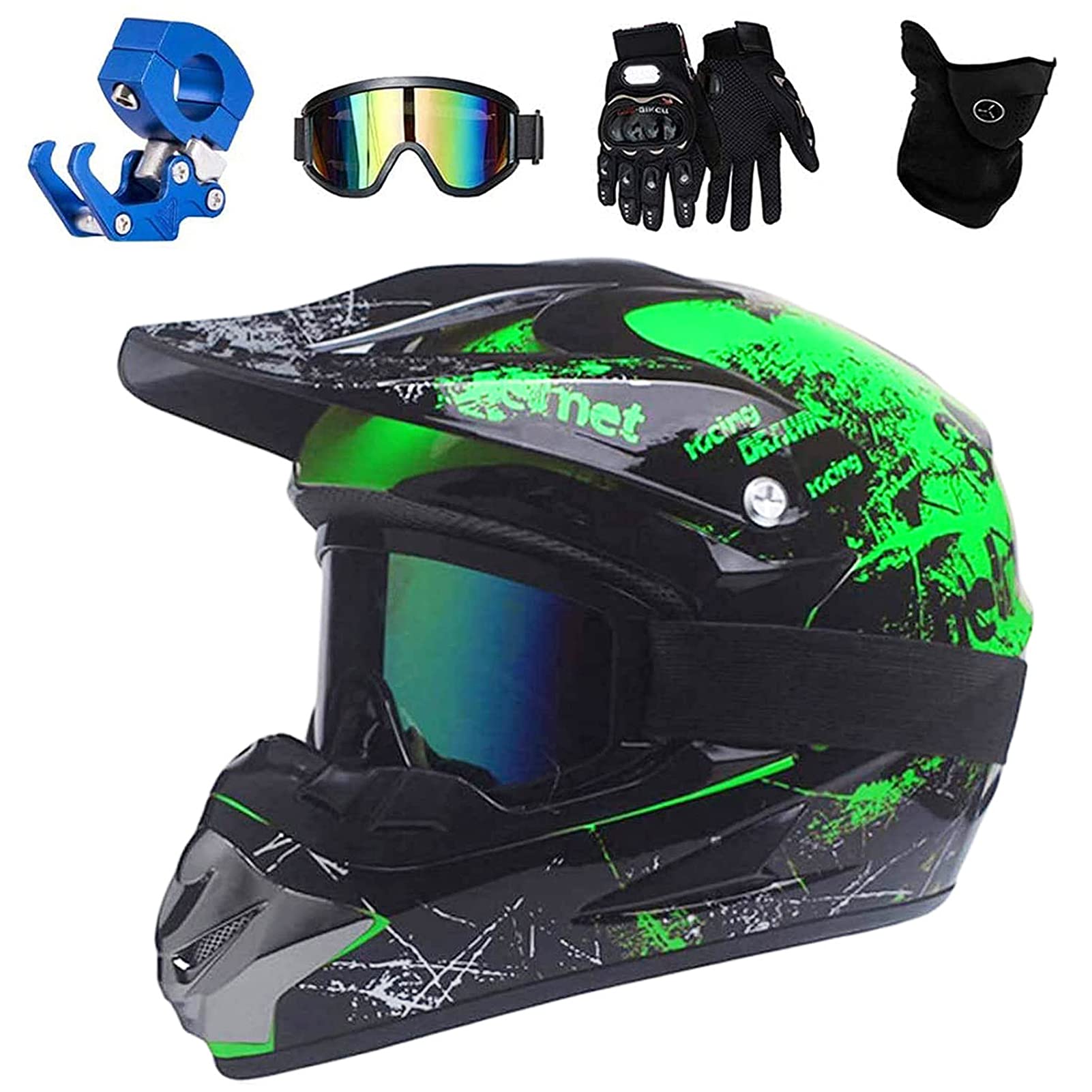 VOMI Enduro Crosshelm Grün, All Terrain Motocross Downhill Helm Zubehör mit Brille Maske Handschuhe Helmhaken Full Face MTB Herren Helm für Mountainbike Moped Bergbuggy Sport Sicherheit,XL(58~59CM) von VOMI