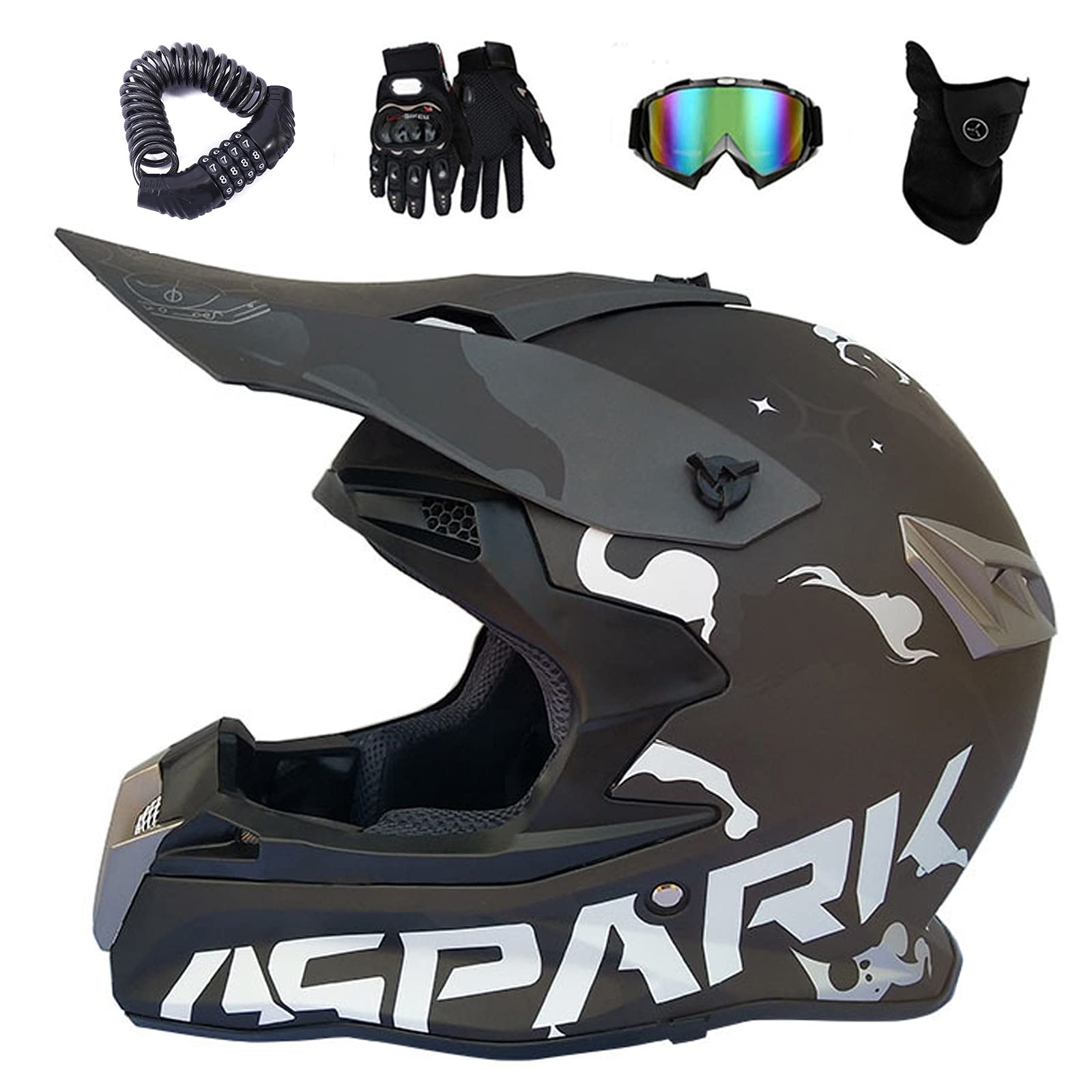 VOMI Herren Damen Motocross Helm Set Kinder Cross Helm mit Brille, Handschuhe, Helmschloss und Maske, Erwachsene Off Road Helm für Quad Scooter Downhill Enduro Bicycle Motorrad Helm, Matt-schwarz,XXL von VOMI