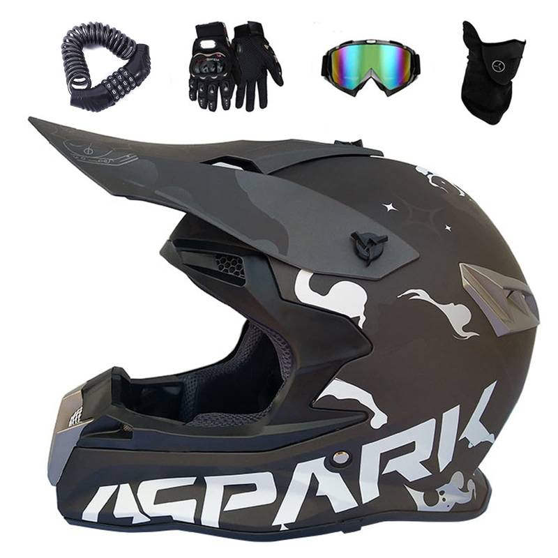 VOMI Herren Damen Motocross Helm Set Kinder Cross Helm mit Brille, Handschuhe, Helmschloss und Maske, Erwachsene Off Road Helm für Quad Scooter Downhill Enduro Bicycle Motorrad Helm, Matt-schwarz,S von VOMI