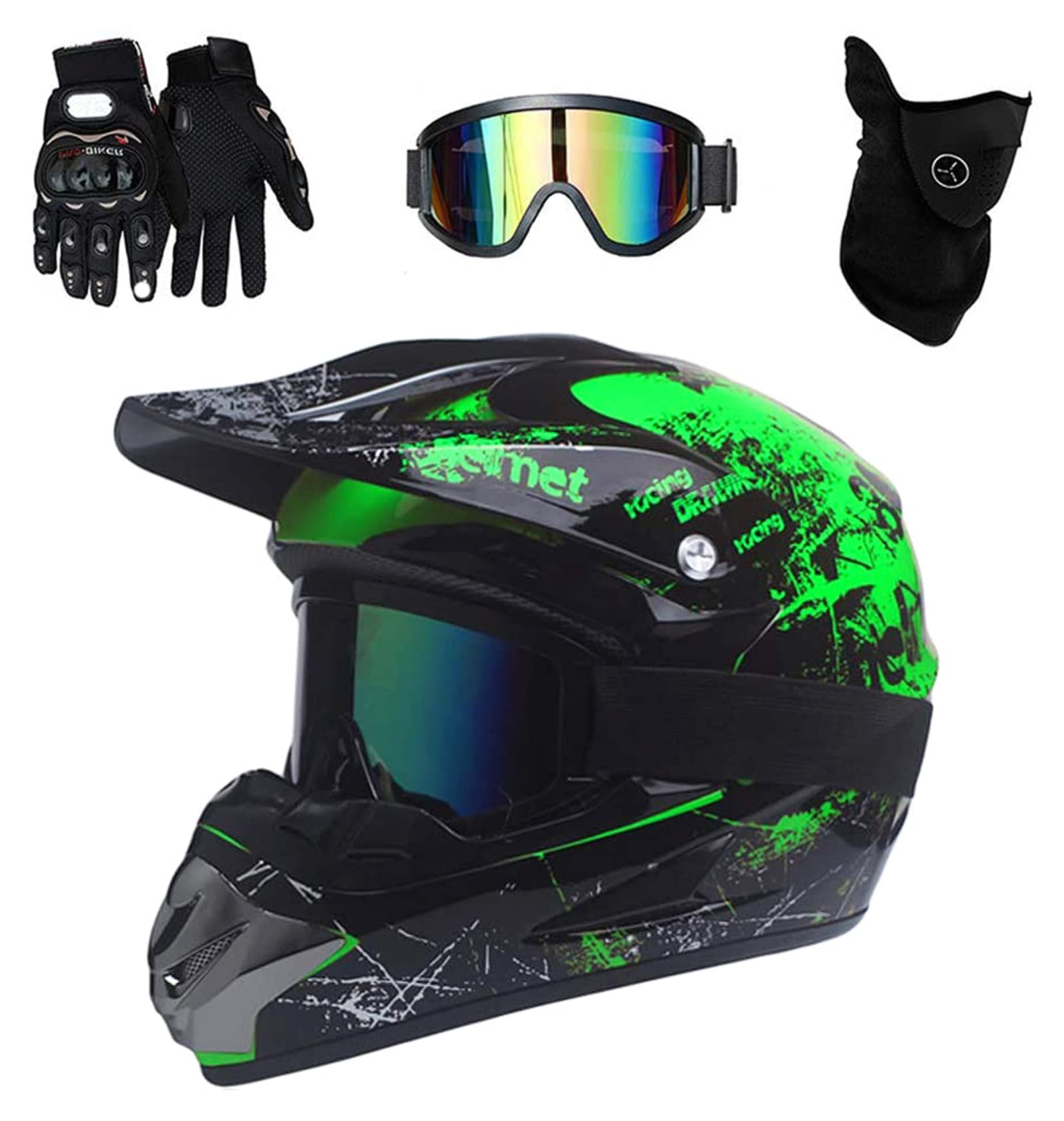 VOMI Mopedhelm Motocross Helm Herren, Serie HM-718 Motorradhelm Set Damen Fullface Motorrad DH Cross Offroad Enduro Mountainbike Helme mit Visier Brille Handschuhe Maske (Black Green L) von VOMI