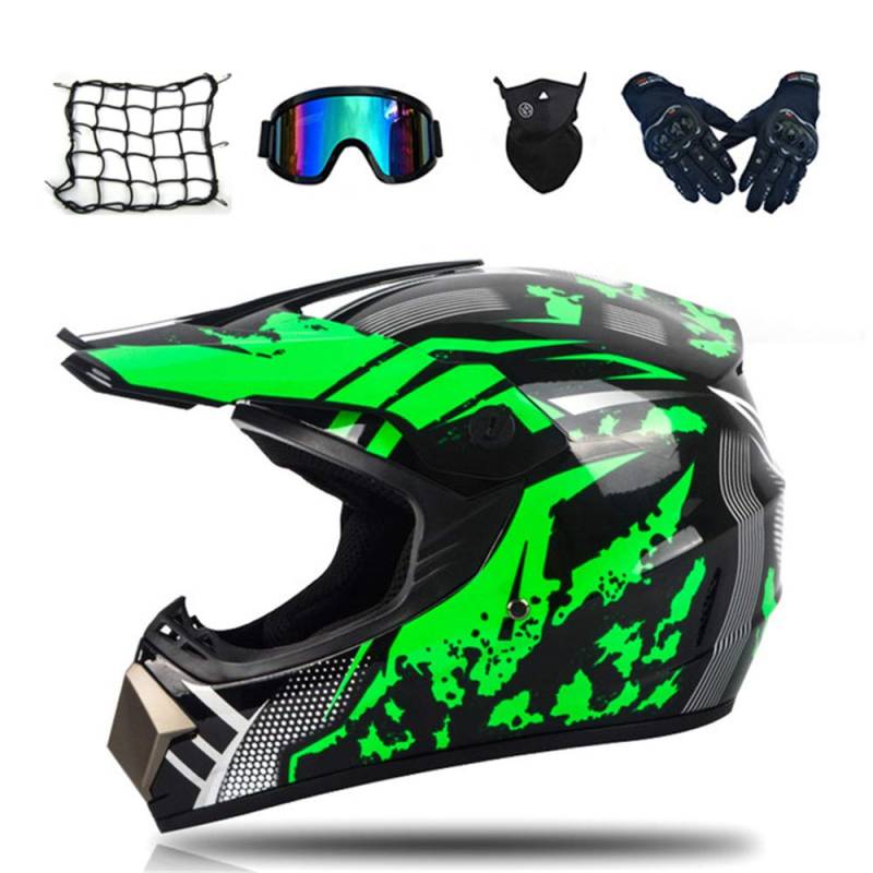 VOMI Motocross Helm Herren - Grün/ DOT-Zertifikat - Crosshelm Set (Brille Handschuhe Maske Motorrad Netz, 5 Stück) Fullface MTB Helm Kinder Motorradhelm Downhill Offroad Quad Enduro ATV,S von VOMI