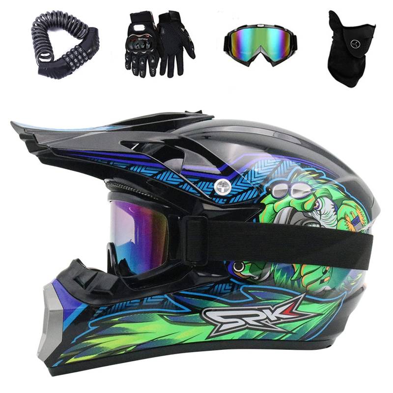 VOMI Off Road Helm Herren Damen Downhill Motorrad Helm Set, Erwachsene Cross Helm mit Brille, Handschuhe, Helmschloss, Maske, Kinder Motocrosshelme für Enduro Quad Bicycle Scooter Fahrrad,Blau,L von VOMI